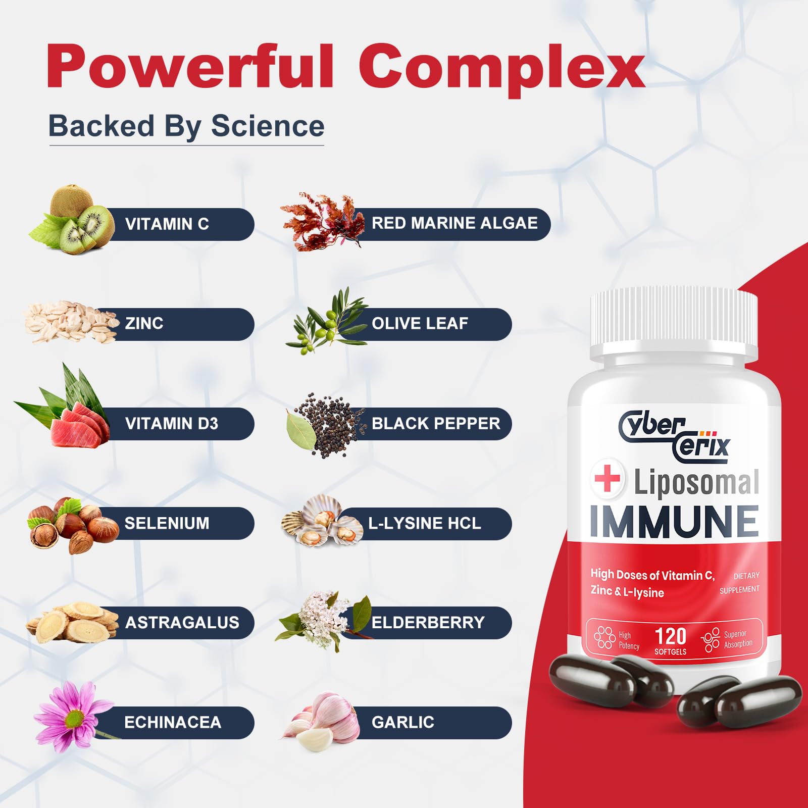 CyberCerix Advanced Liposomal Immune Supplement, Complex with L-Lysine 1,500mg, Vitamins, Minerals & Herbal Extracts, Comprehensive Daily Wellness Blend for Men & Women - 120 Capsules CyberCerix buy supplements canada