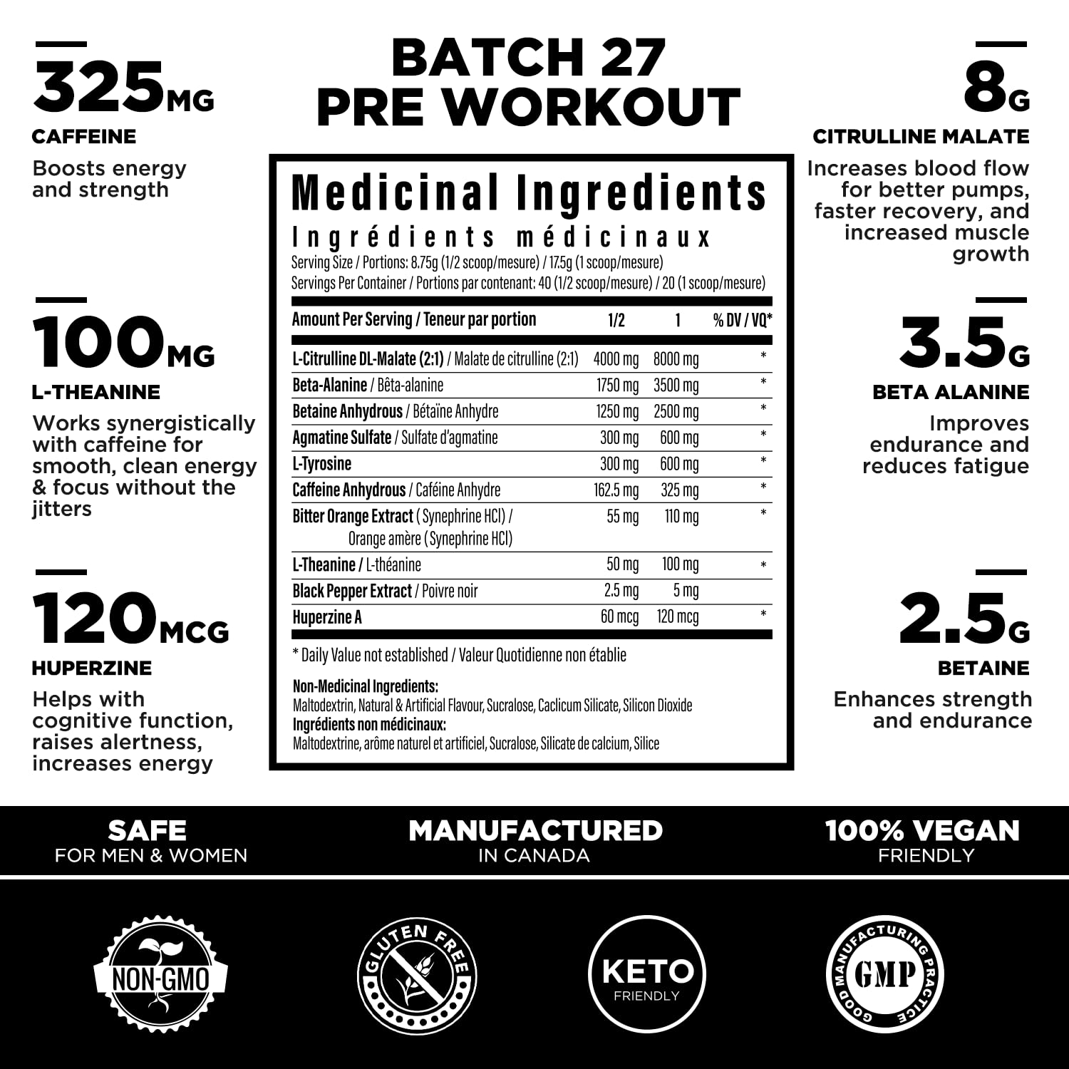 Batch 27 Pre Workout Powder - 8g Citrulline, 3.5g Beta Alanine, 2.5g Betaine, 325mg Caffeine TC Nutrition buy supplements canada