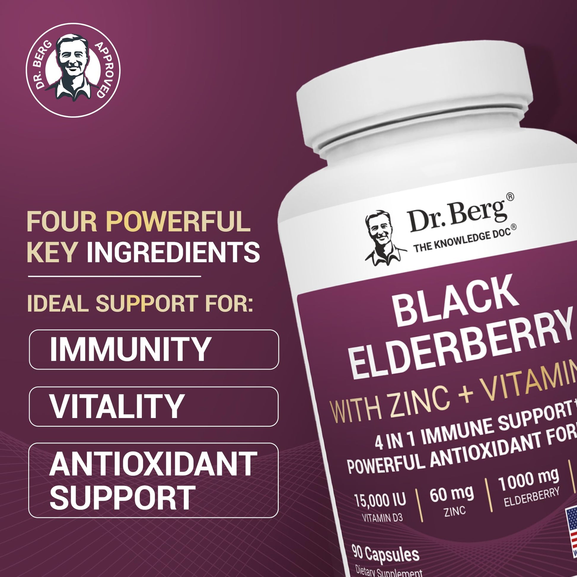 Dr. Berg Black Elderberry Capsules (Advanced Immune Support*) with 15,000 IU Vitamin D, 60 mg of Zinc, & 90 mg of Camu Camu - (4-in-1) Sambucus Elderberry Immune Support Supplement - 90 Capsules Dr. Berg Nutritionals buy supplements canada