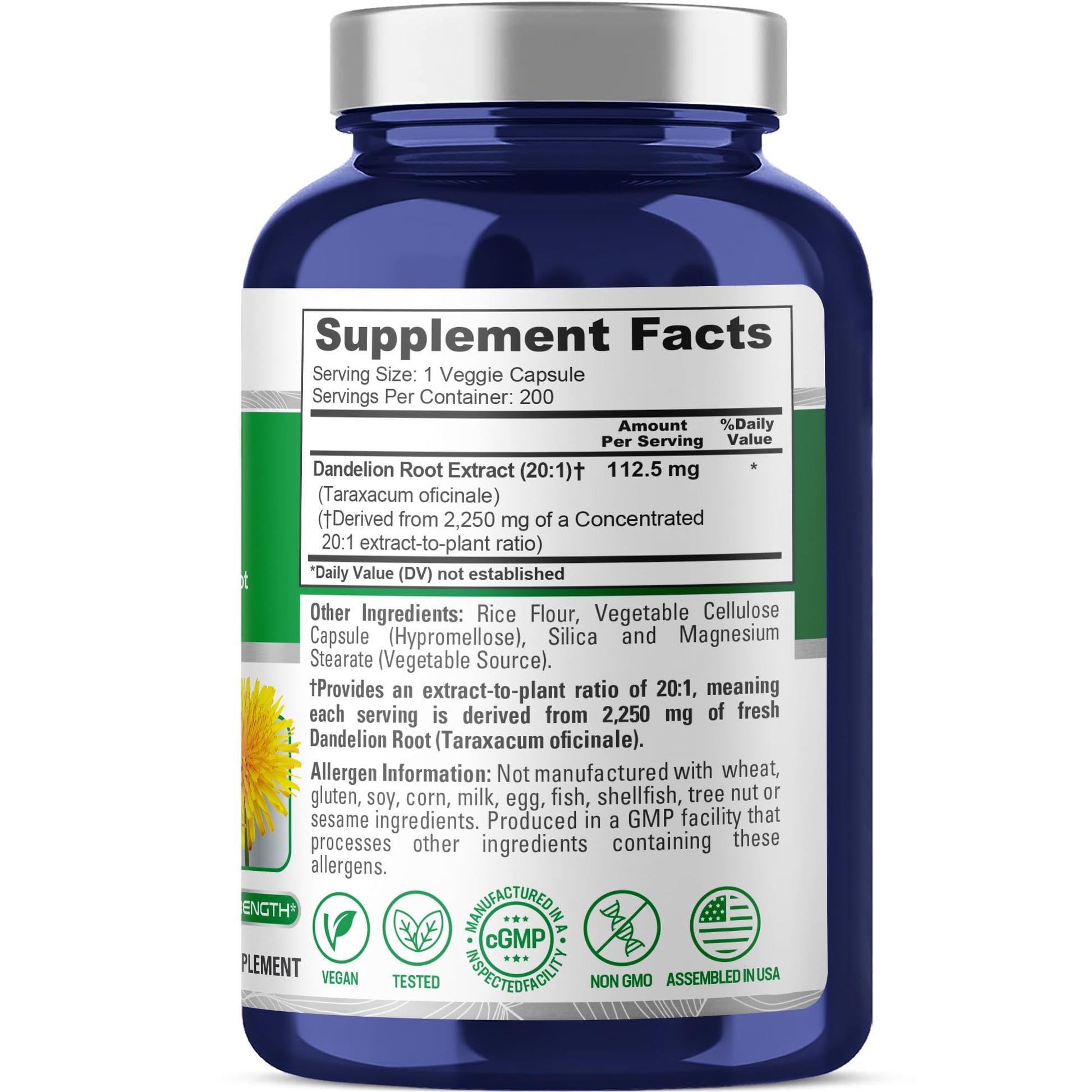 NusaPure Dandelion Root 20:1 Extract, 112.5 mg Equivalent to 2,250 mg 200 Veggie Capsules (Non-GMO, Vegan) NusaPure buy supplements canada