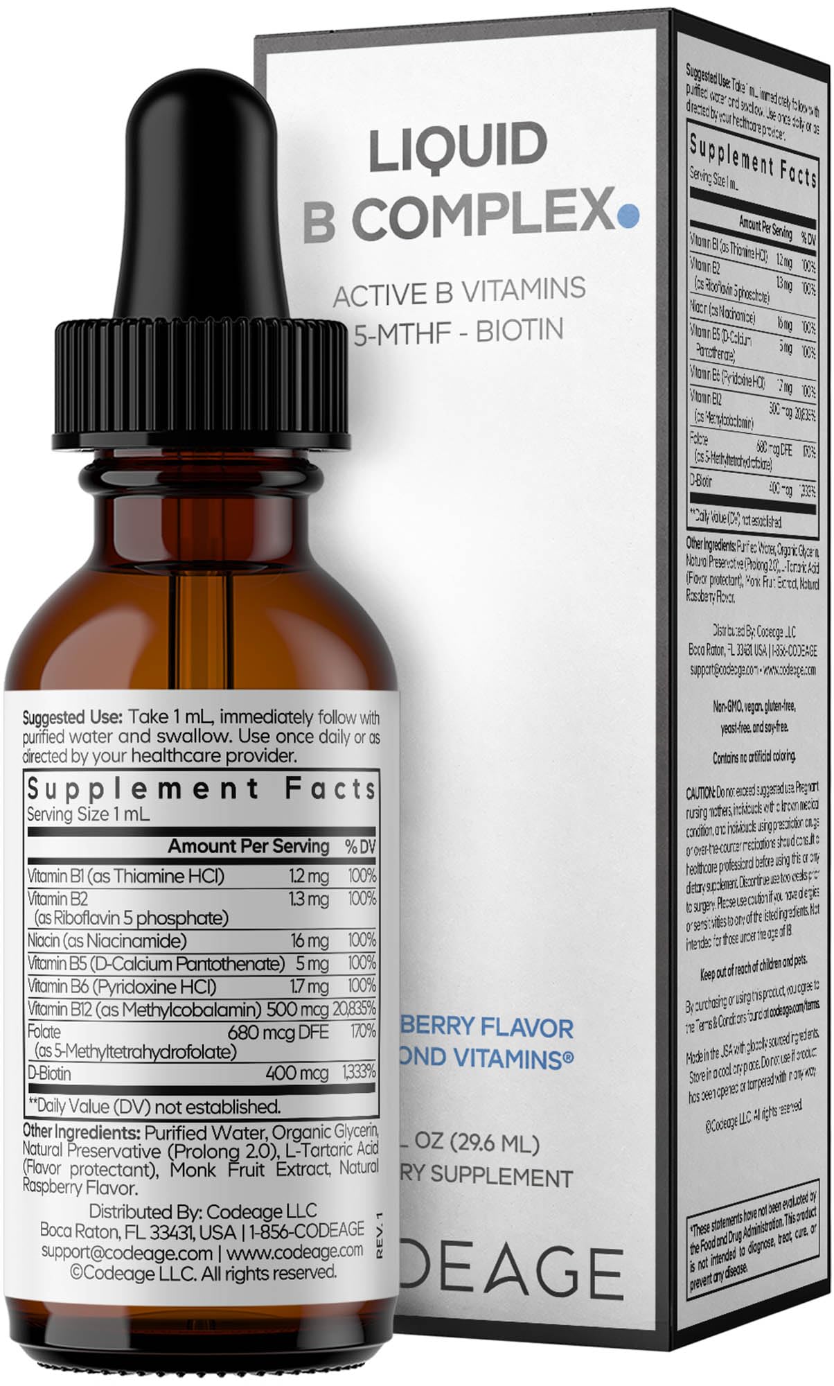 Codeage Liquid B-Complex Supplement with 8 Forms of Vitamin B - Vitamin Thiamine B1, Riboflavin B2, B3, B5, B6, Biotin B7, Active Methylated B9 Folate & B12 - Raspberry Flavor - Non-GMO - 1 fl oz Codeage buy supplements canada