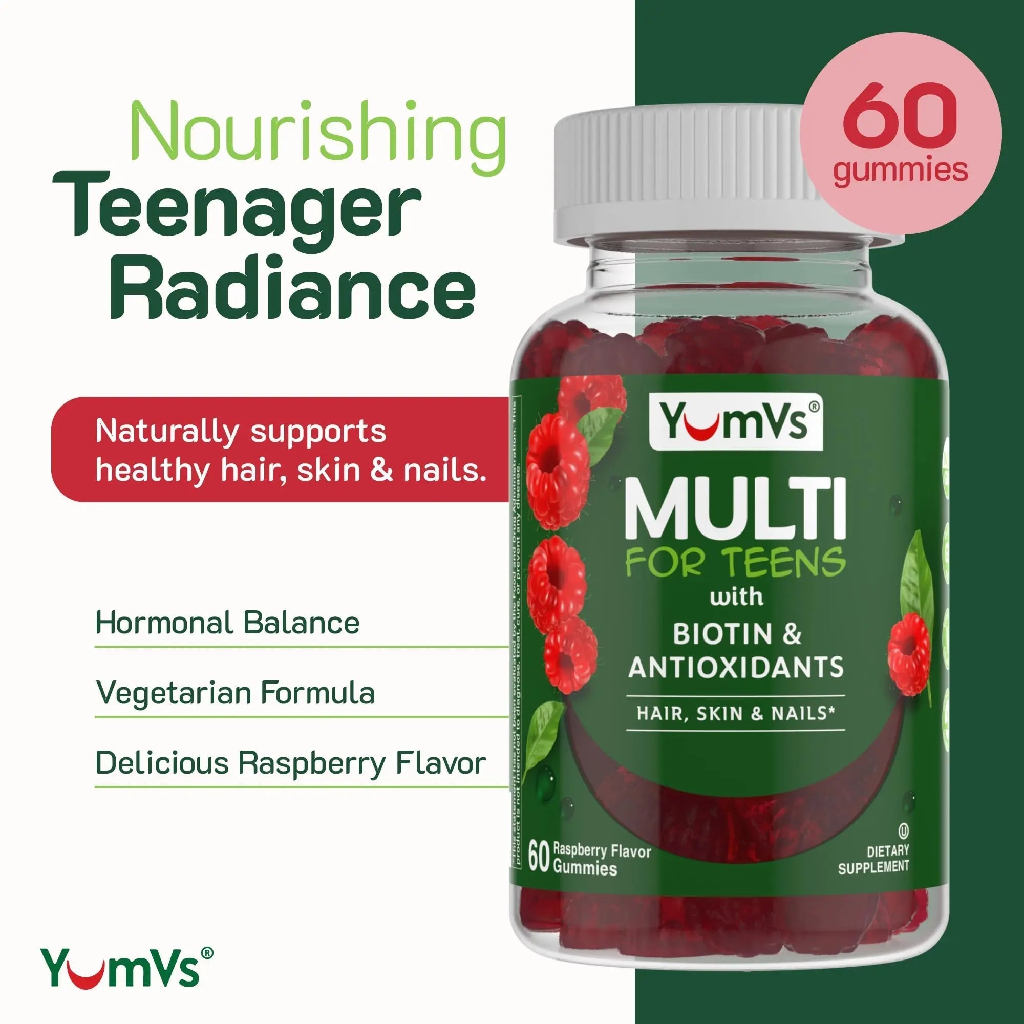YumVs Teen Multivitamin Gummies with Biotin and Antioxidants - Raspberry Flavor - Hair Skin Nails Support - Kosher Teenager Vitamins YUM-V'S buy supplements canada