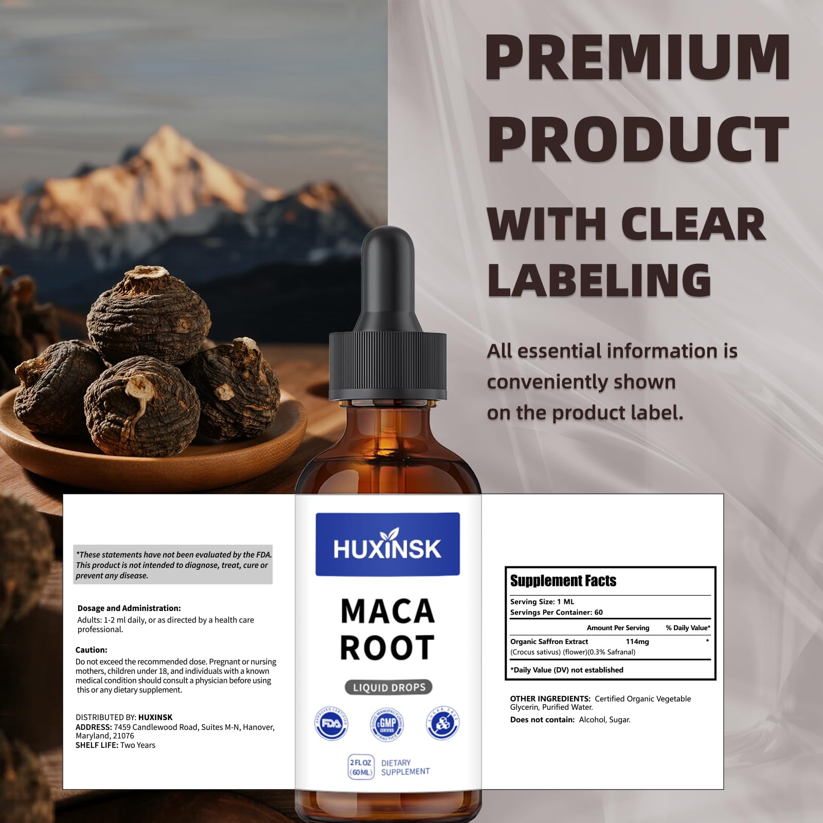 Maca Root Liquid Drops Extract | Peruvian Black & Red Blend | Natural Energy & Hormone Balance | Alcohol-Free, 60ml Vegan Tincture HUXINSK buy supplements canada