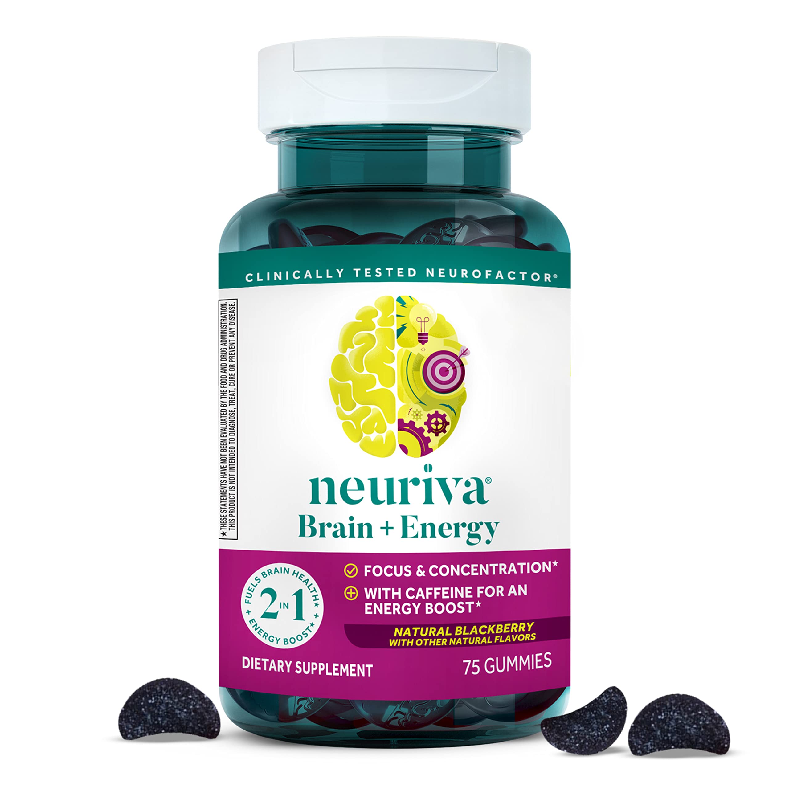 NEURIVA Brain + Energy Gummies, Nootropic Brain Supplements for Focus and Concentration with Neurofactor, Vitamin B12 & Caffeine for an Energy Boost*, 75ct Natural BlackBerry NEURIVA buy supplements canada