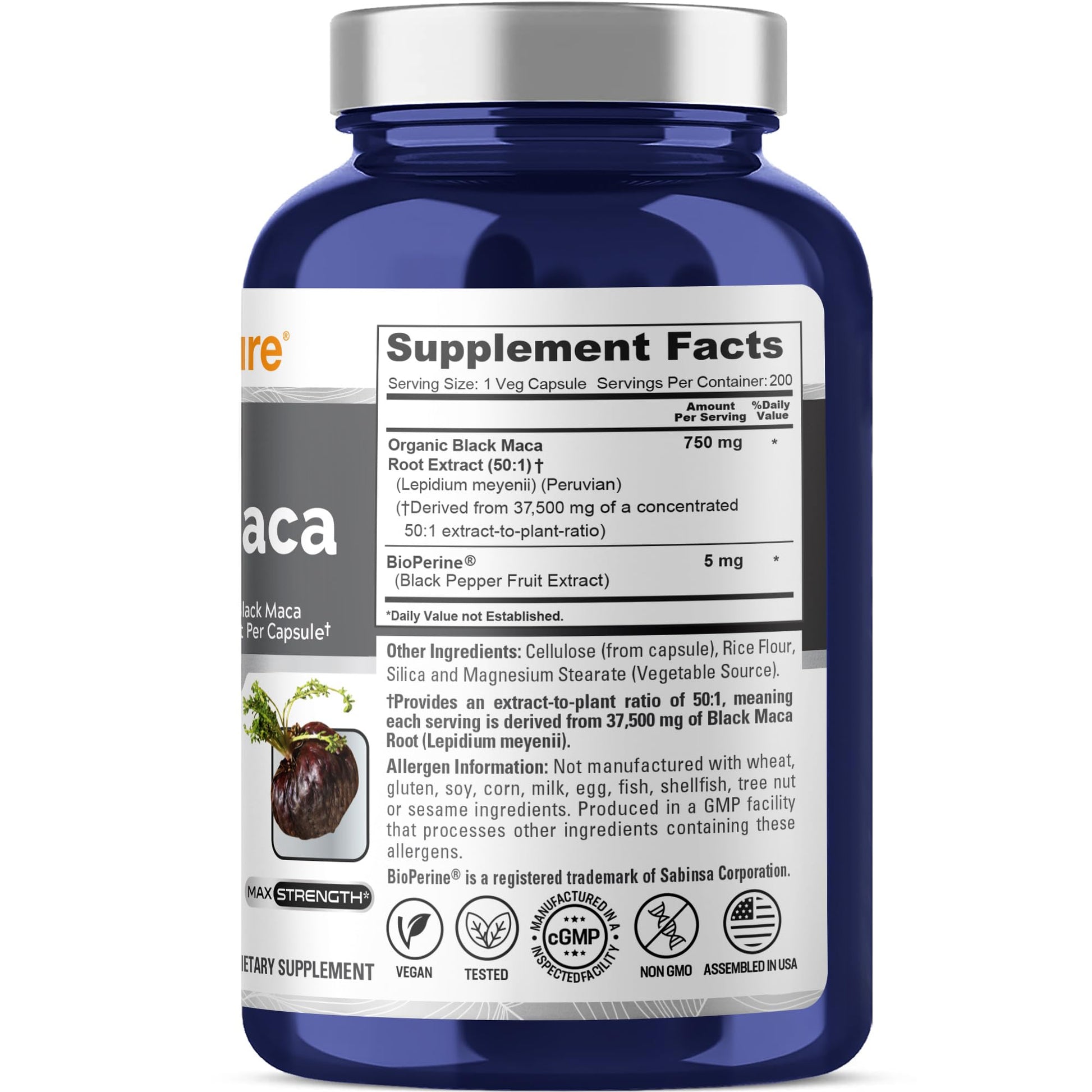 NusaPure Peruvian Black Maca Root Extract 50:1 - Suitable for Vegetarian/Vegan, Non - GMO - 37500 mg - 200 Capsules NusaPure buy supplements canada