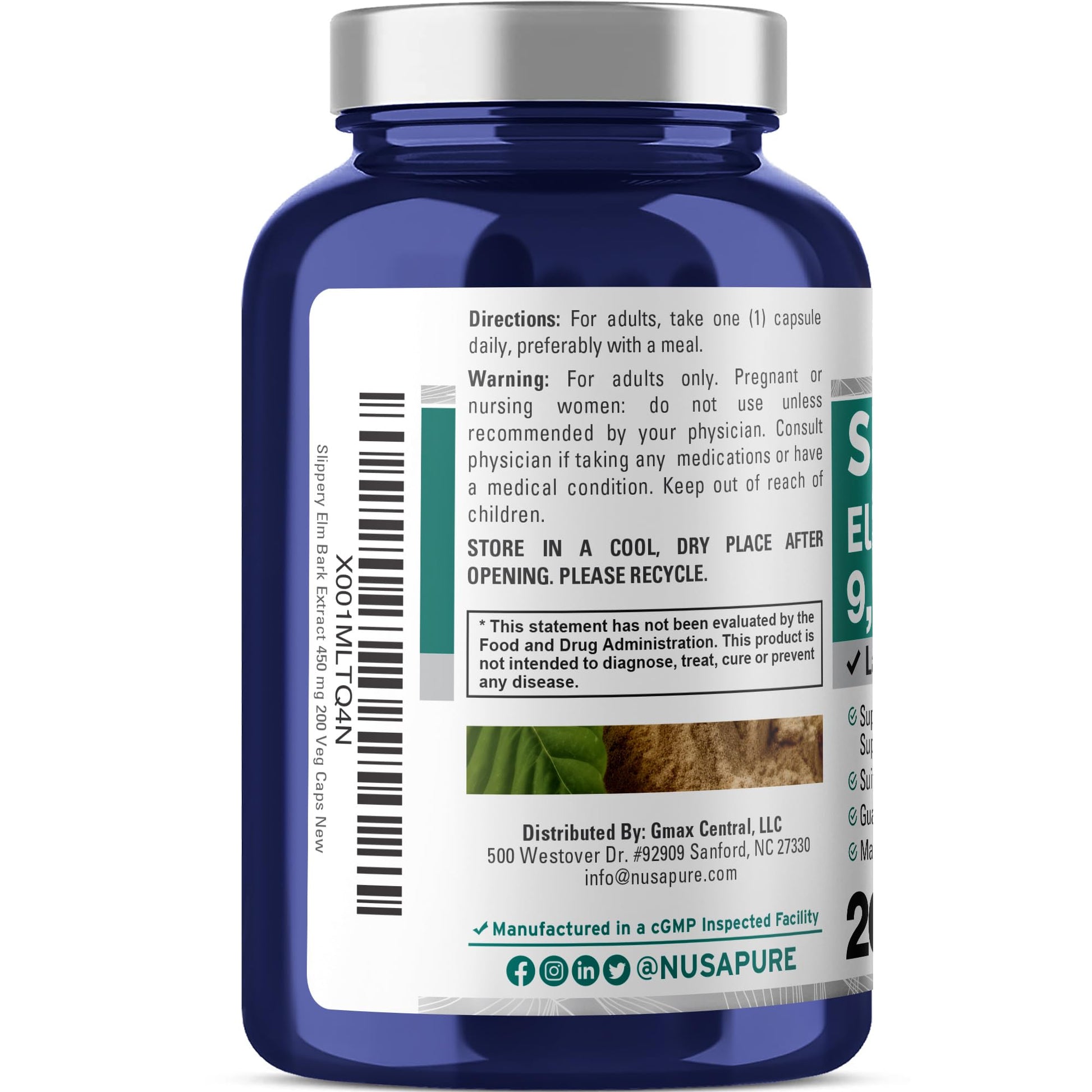 NusaPure Slippery Elm Bark 20:1 Extract, 450 mg Equivalent to 9,000mg 200 Veggie Capsules (Non-GMO, Vegan) NusaPure buy supplements canada