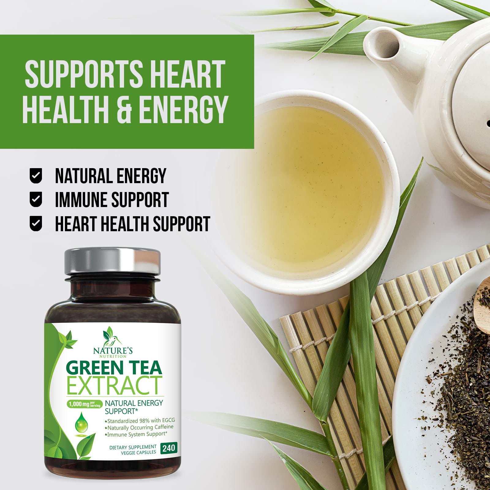 Green Tea Extract Capsules 1000mg 98% Standardized EGCG - 3X Strength for Natural Nature's Nutrition buy supplements canada