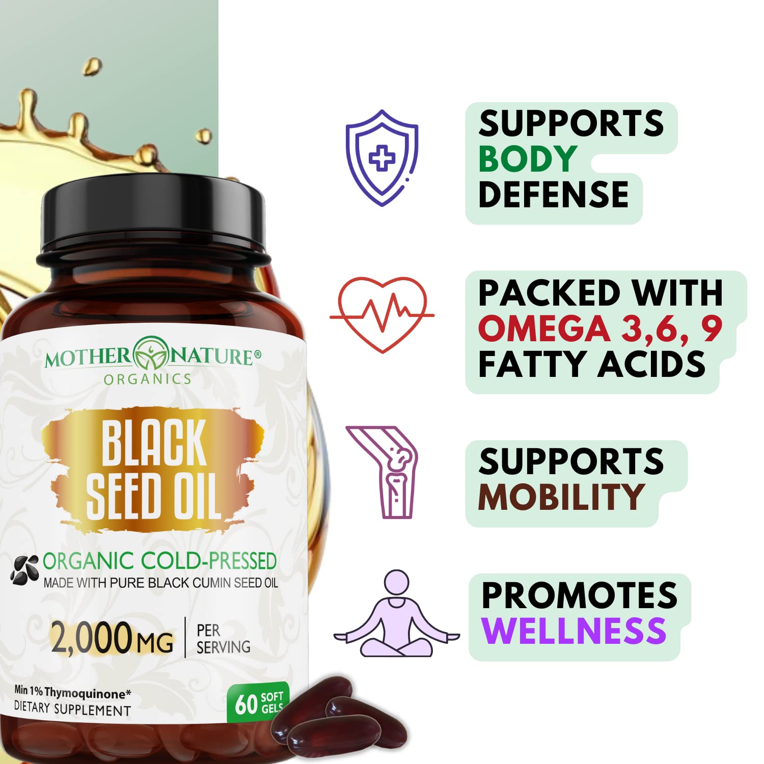 Organic Black Seed Oil 2000mg - 60 Softgel Capsules (Non-GMO) Premium Cold-Pressed Mother Nature Organics Superfoods for Organic Living buy supplements canada