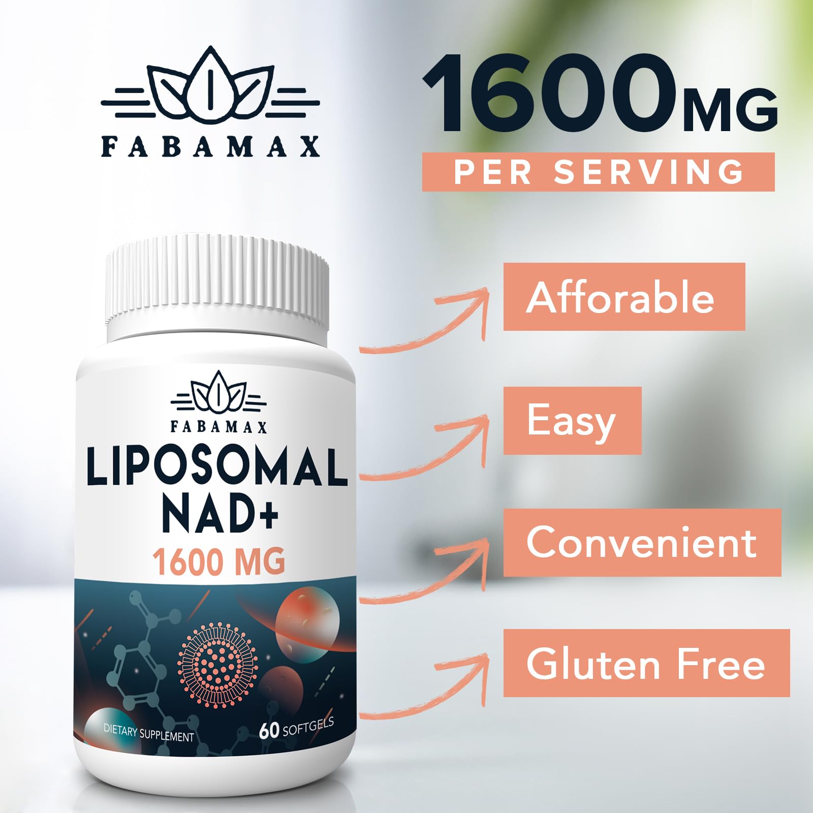 Fabamax 1600 mg Liposomal NAD Supplement, 98% Pure NAD+ Supplement, Superior Absorption, Alternative to Nicotinamide Riboside or NADH to Boost NAD+ for Aging Defense, Energy, Longevity,60 Softgels Fabamax buy supplements canada
