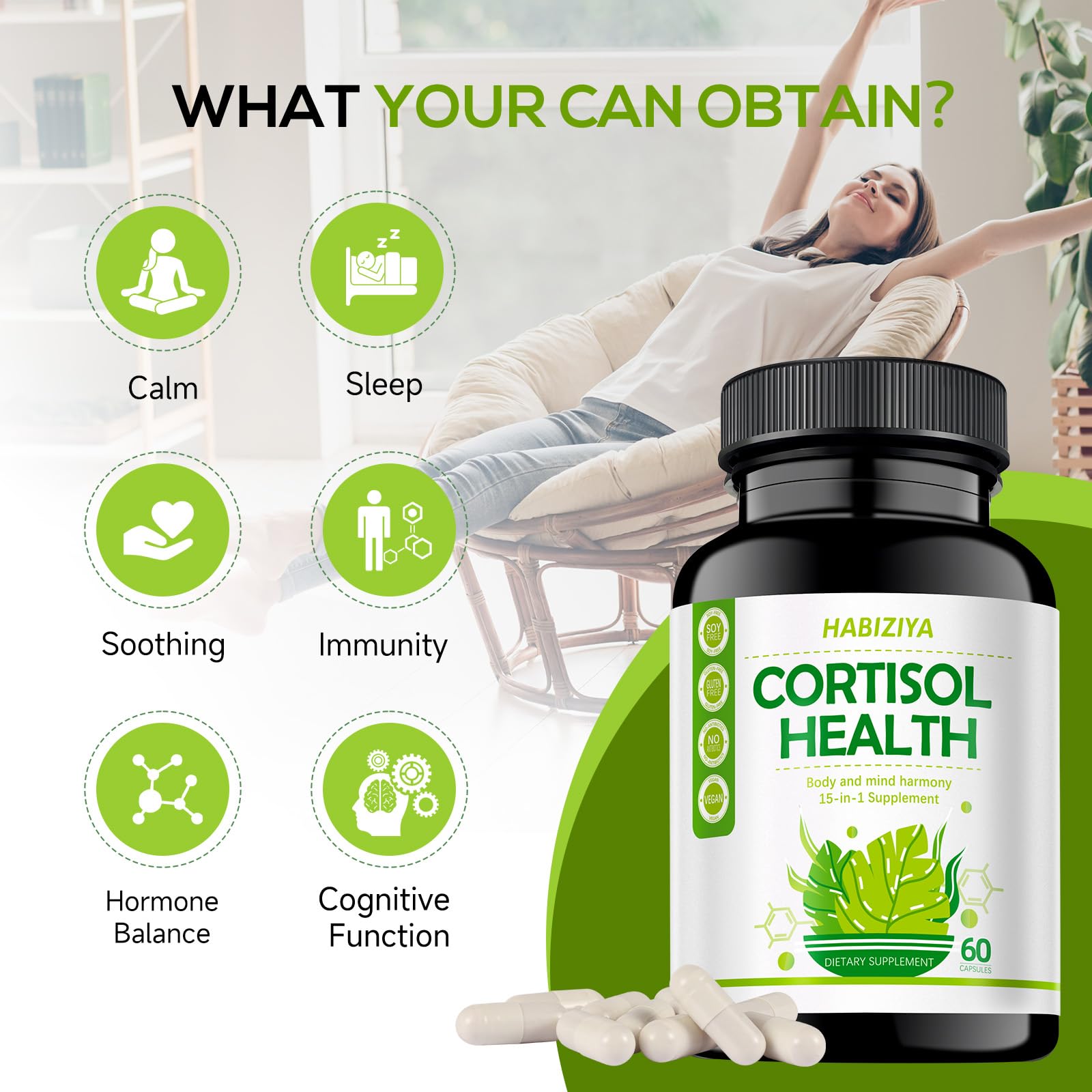 HABIZIYA Cortisol Manager Supplement for Women and Men Adrenal Support with Ashwagandha, Rhodiola Rosea, Holy Basil, Mood & Sleep Support - Non-GMO, Vegan Capsules (60 Count) HABIZIYA buy supplements canada