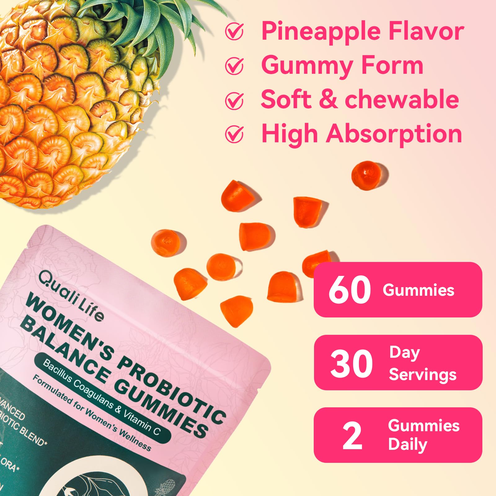 QualiLife Premium Feminine Balance Gummies for Women – Probiotic Vaginal Health Support with Vitamin C – pH Balance & Flora Support – Sugar Free, Vegan, Hawaiian Pineapple Flavor – 60 Gummies (1) QualiLife buy supplements canada