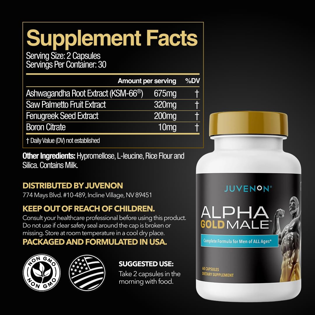 Juvenon Alpha Gold Male Testosterone Booster for Men - T-Support & Male Vitality with KSM-66 Ashwagandha + Fenugreek + Boron Citrate + Saw Palmetto, Non-GMO Vegetarian Capsules Juvenon buy supplements canada