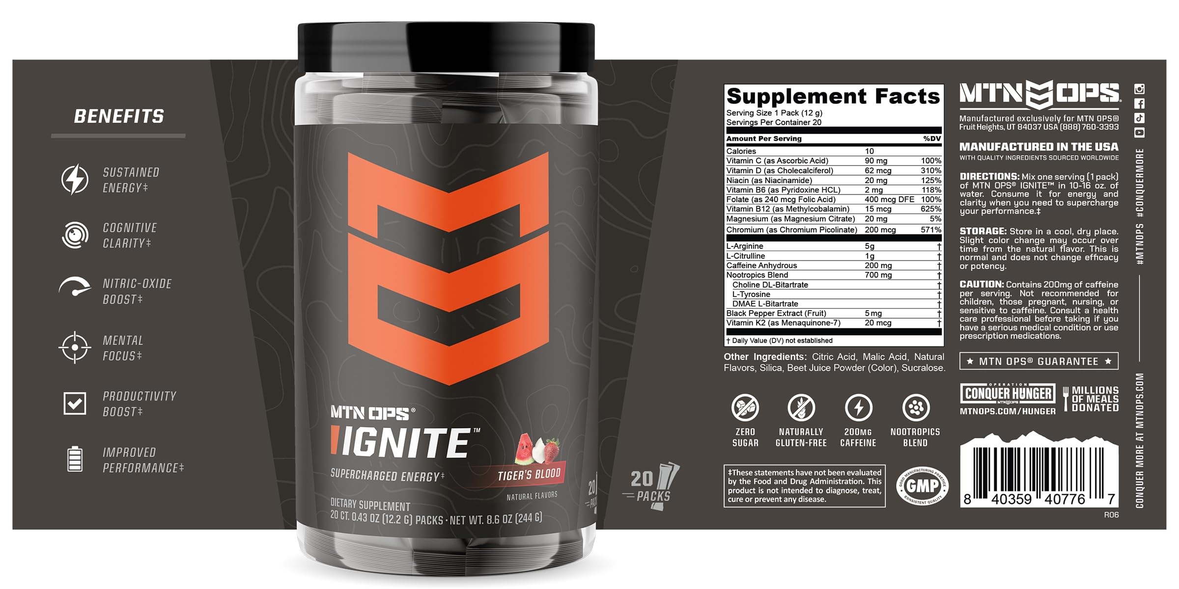 MTN OPS Ignite Trail Packs Energy Drink Powder, Gluten Free Nootropic Supplement Drink Mix, L Arginine, L Citrulline, Caffeine & Nootropic Sugar Free Drink Mix, 20 Servings, Tiger's Blood MTN OPS buy supplements canada