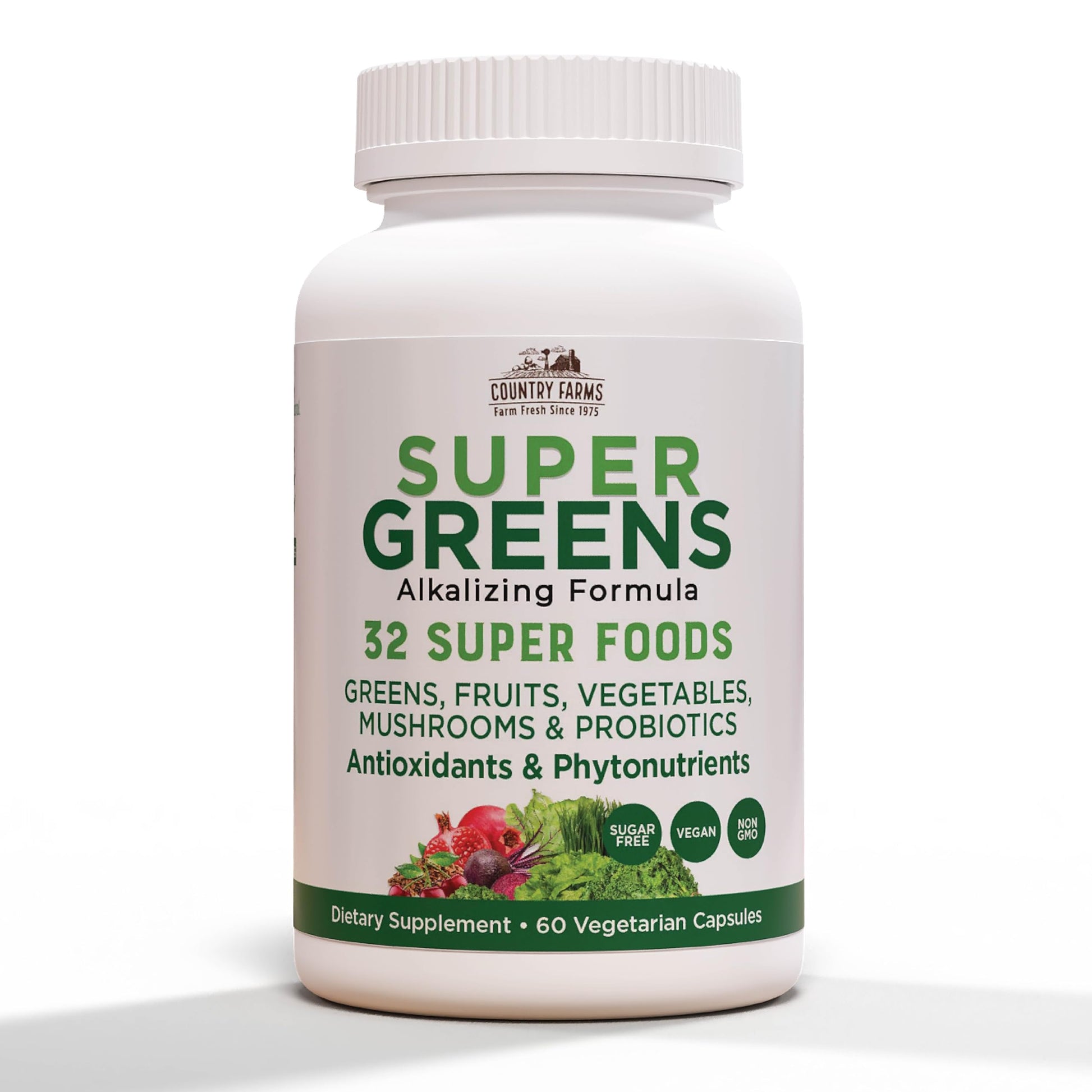 Country Farms Super Greens Vegicaps, 32 Super Foods, Whole Food Supplement, Greens, Fruit, Vegetables, Mushrooms & Probiotics, Rich in Antioxidants & Phytonutrients, 60 Count, 30 Servings Country Farms buy supplements canada