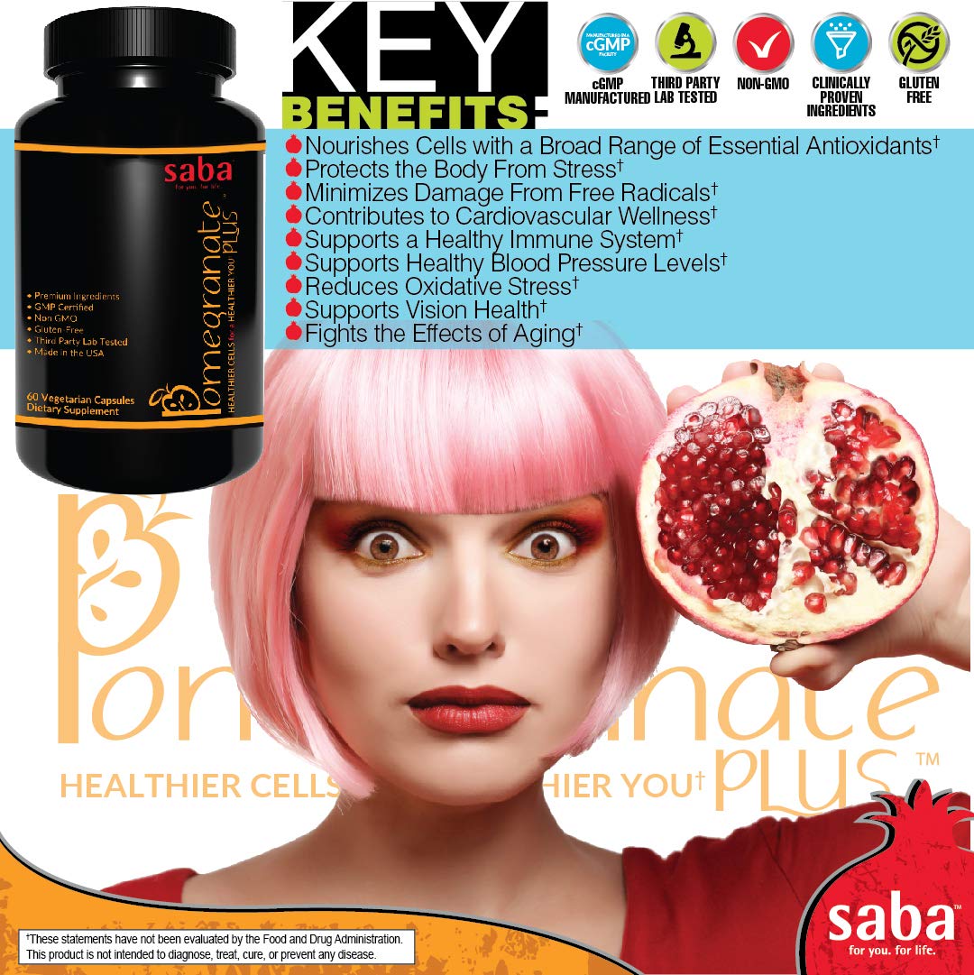 Saba Pomegranate Plus – Antioxidant Supplement with Astaxanthin & Adaptogens | Immune, Skin, Heart & Brain Support | Daily Stress & Cellular Wellness | 60 Capsules Saba buy supplements canada
