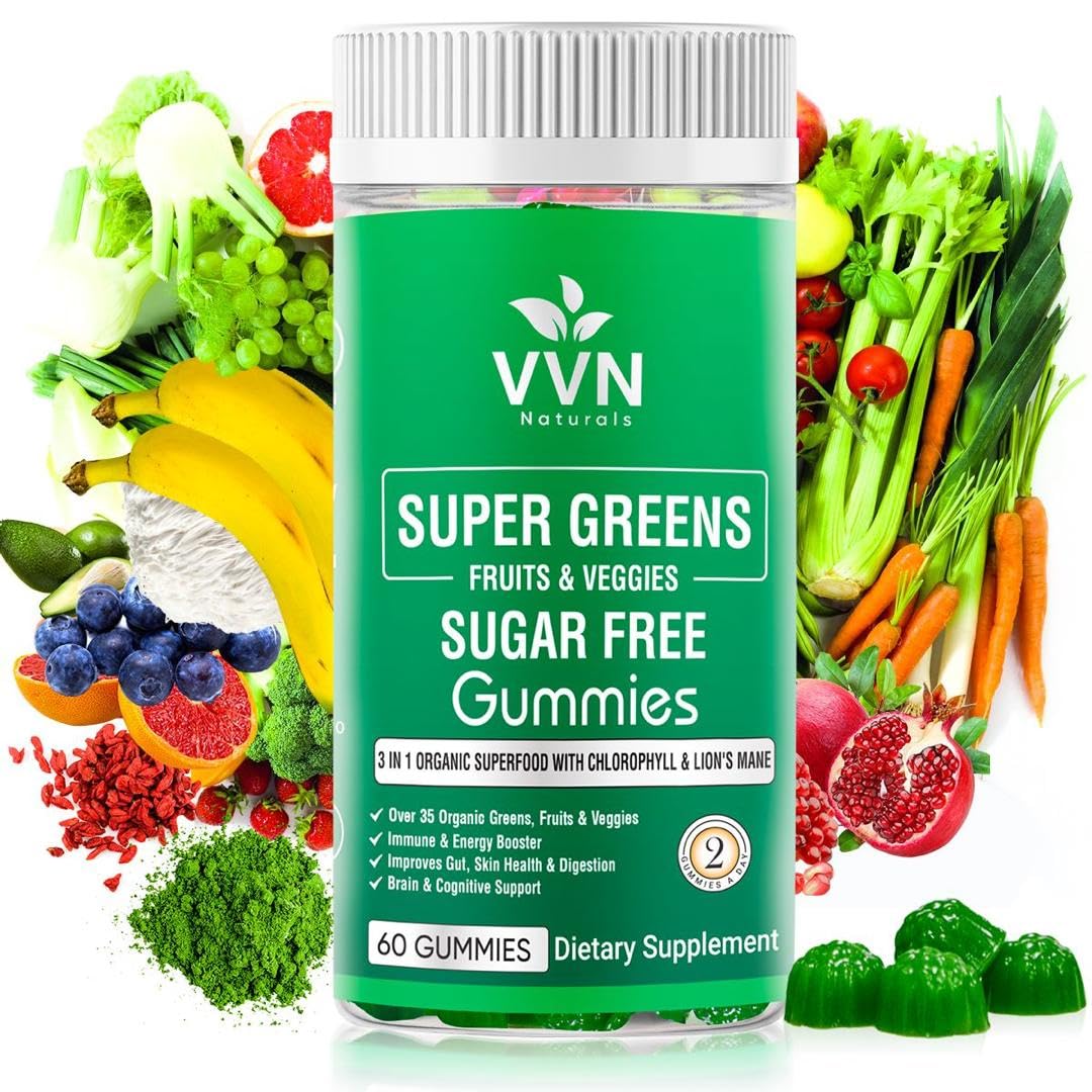 Sugar-Free Real Organic Fruits, Super Greens and Veggies Gummies | 35+ Nutritious & Healthy Greens, Fruits, and Vegetables for Improved Immunity, Skin Health & Energy Boost|60 Vegan Gummies VVN Naturals buy supplements canada