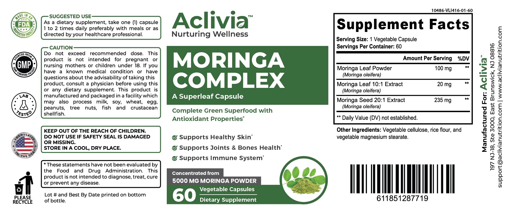 Aclivia - Moringa Complex - Maximum Strength Moringa Oleifera Leaf & Seed Supplement - Superfood Capsules with Antioxidant Properties - 5000mg - 60 Capsules Aclivia buy supplements canada