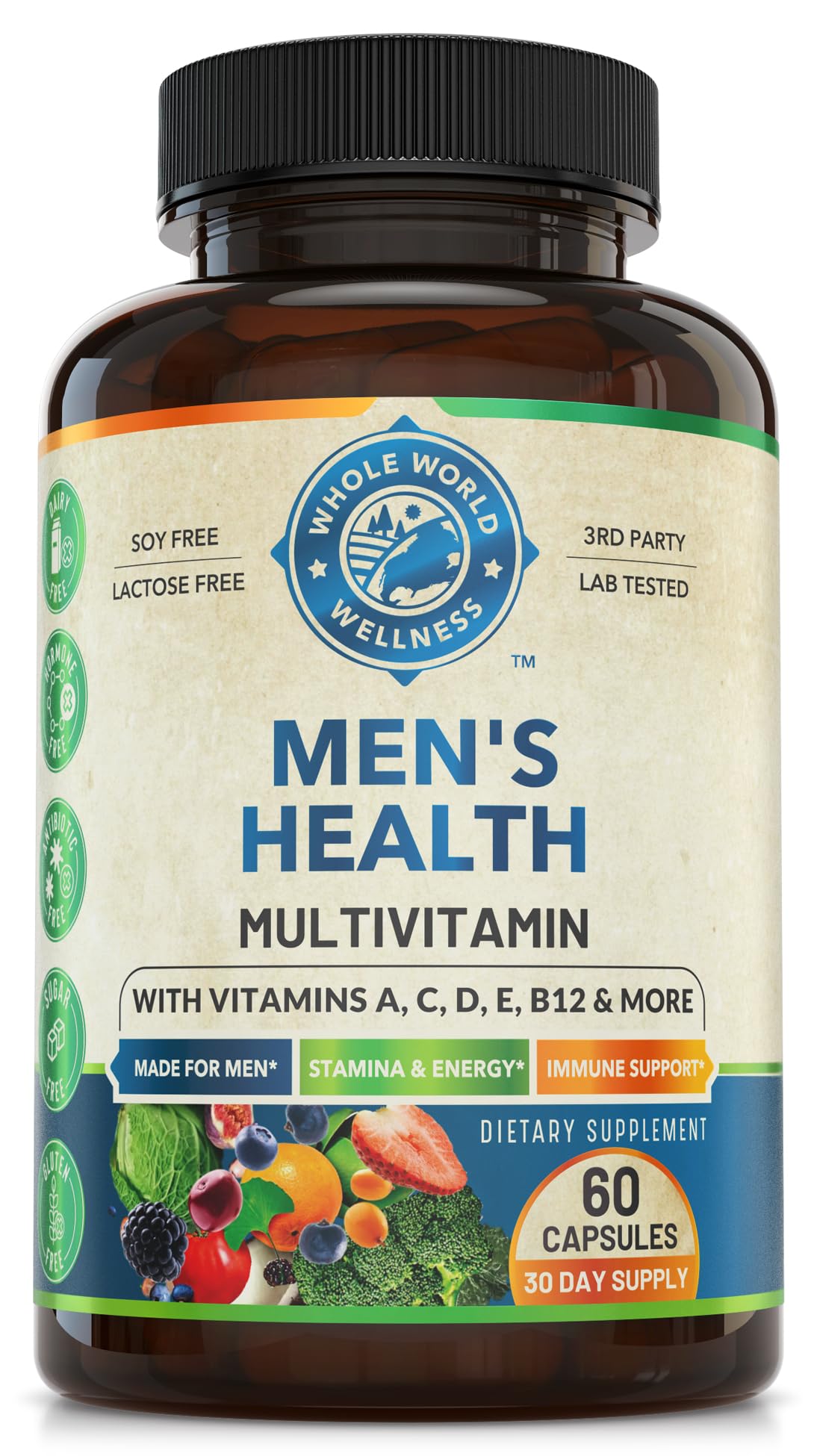 Whole World Wellness Mens Daily Multivitamin Multimineral Supplement for Energy, Focus, Stamina & Performance. Made for Men with 30+ Nutrients, Fruit & Energy Blend. Mens Vitamins, Made in The USA. WHOLE WORLD WELLNESS buy supplements canada