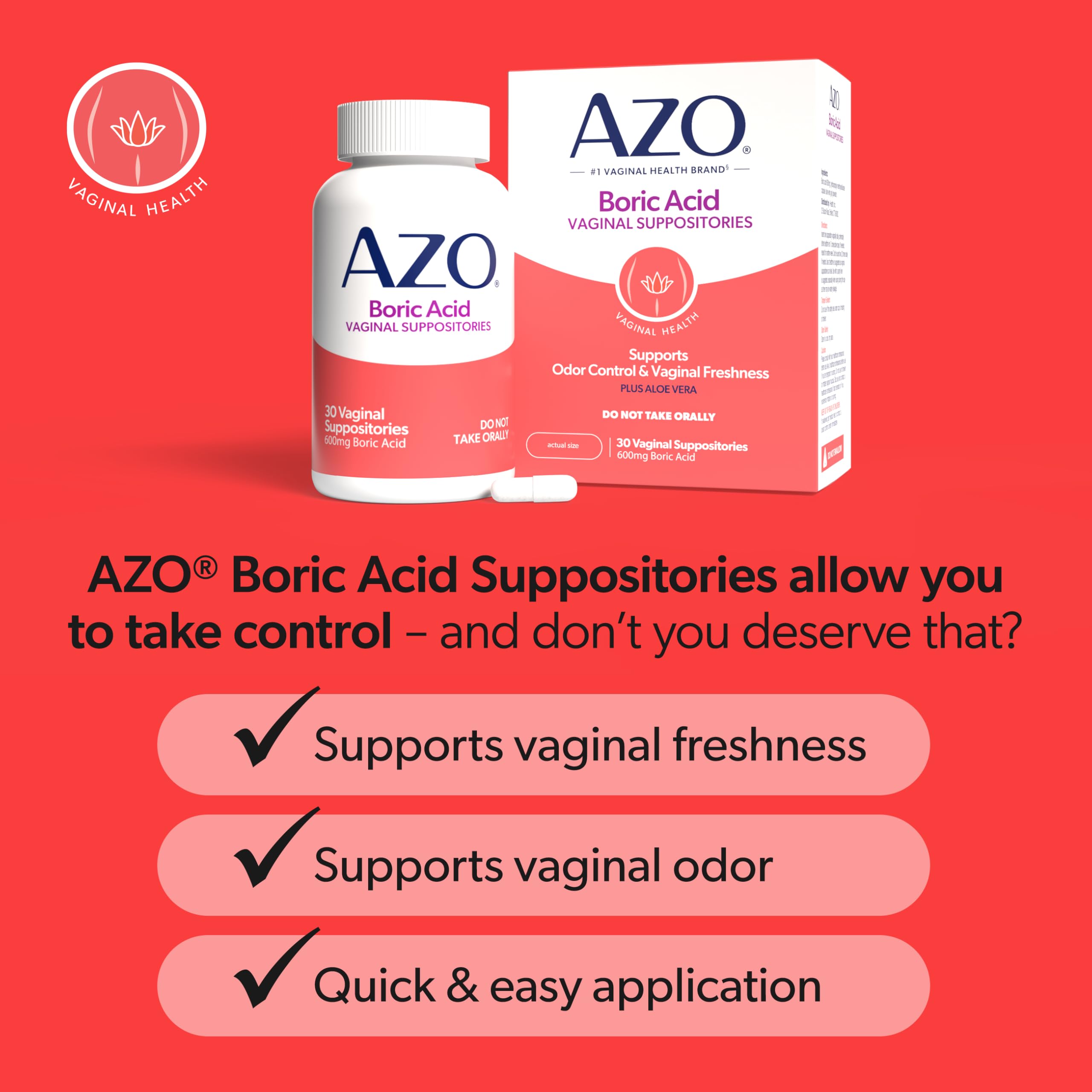 AZO® Boric Acid Vaginal Suppositories for Women, Helps Support Odor Control with Clinically Studied Boric Acid, Non-GMO, 30 Count AZO buy supplements canada