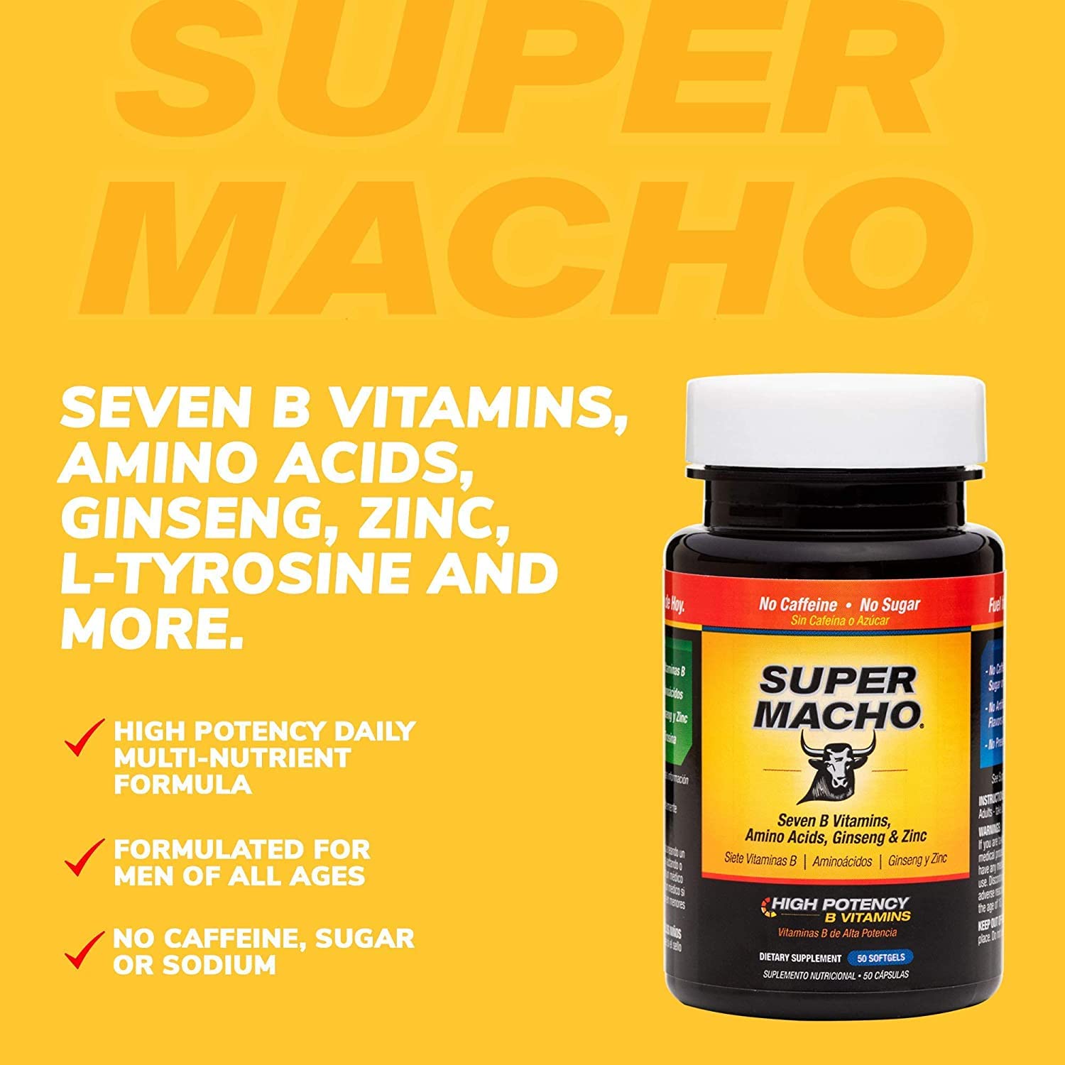 Super Macho Dietary Supplement with High Potency Zinc & 7 B Vitamins, No Preservatives, Sugar or Caffeine, Made in USA, 50 Softgels (3 Pack) Super Macho buy supplements canada