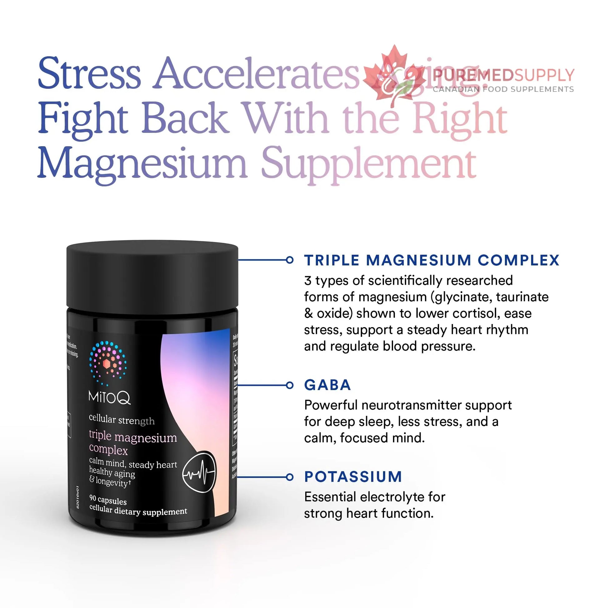 MitoQ Triple Magnesium Complex | Magnesium Glycinate, Taurinate, Oxide with GABA for Heart Health, Stress Management, & Deeper Sleep | High Absorption | 90 Capsules MitoQ buy supplements canada