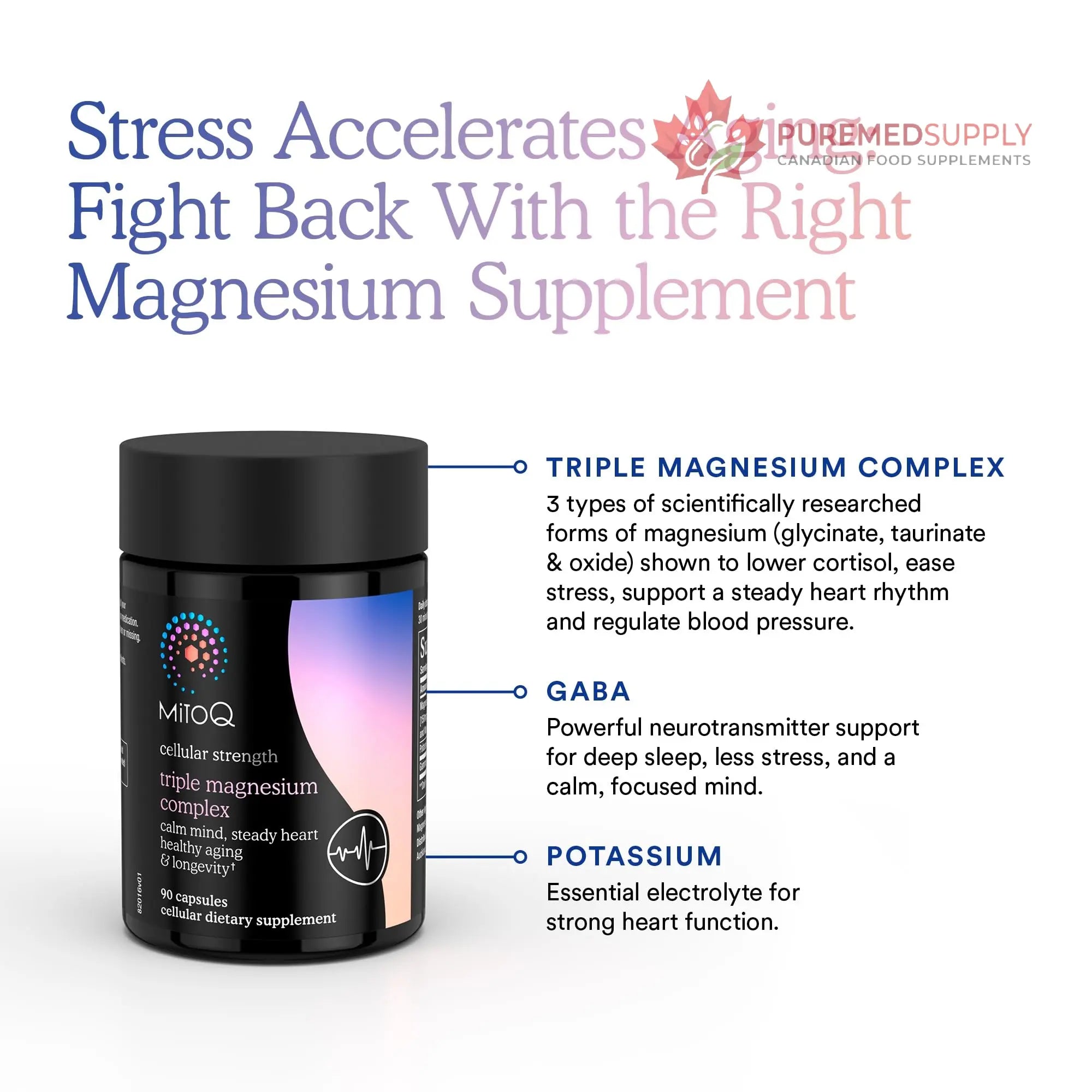 MitoQ Triple Magnesium Complex | Magnesium Glycinate, Taurinate, Oxide with GABA for Heart Health, Stress Management, & Deeper Sleep | High Absorption | 90 Capsules MitoQ buy supplements canada
