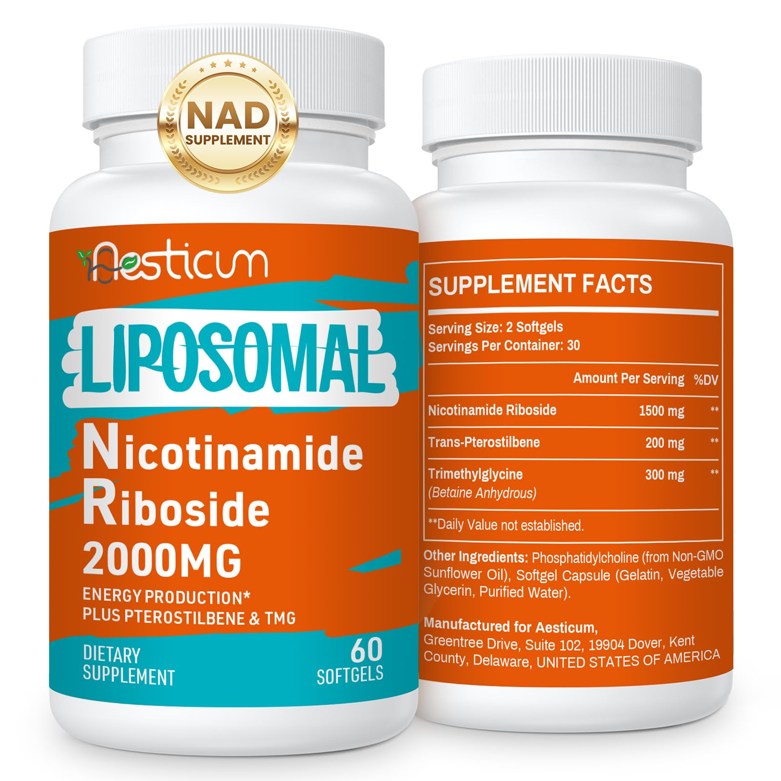 Aesticum 2000 MG Nicotinamide Riboside, NMNH Supplement Alternative, Liposomal Nicotinamide Riboside Supplement with TMG & Pterostilbene - NAD*, Energy, Focus, Immunity, Age Resist - 120 Softgels Aesticum buy supplements canada