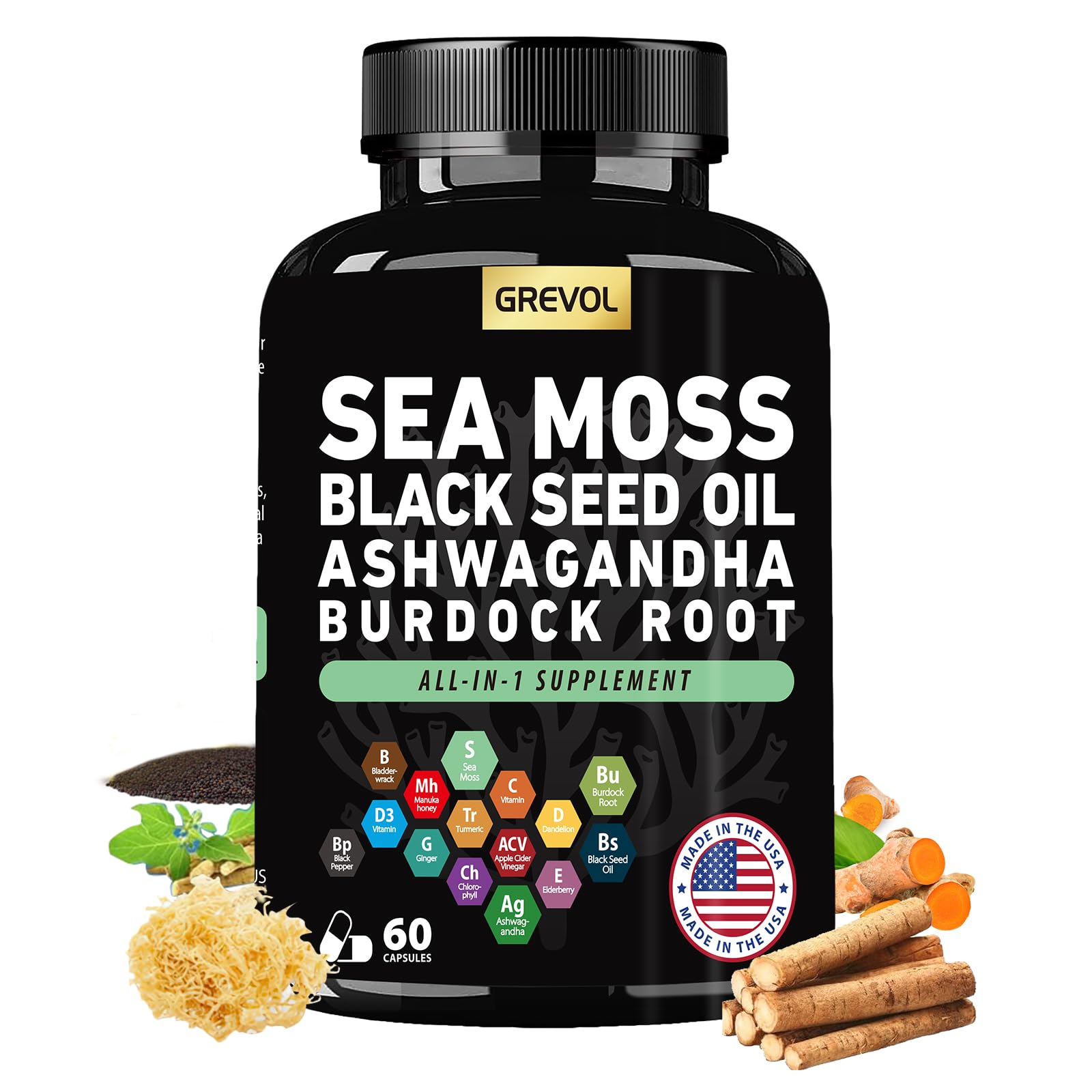 Sea Moss Black Seed Oil Ashwagandha Bladderwrack Burdock Root Turmeric & Vitamin C D3 Elderberry ACV Black Pepper - Multimineral Supplement - 60 Count Grevol buy supplements canada