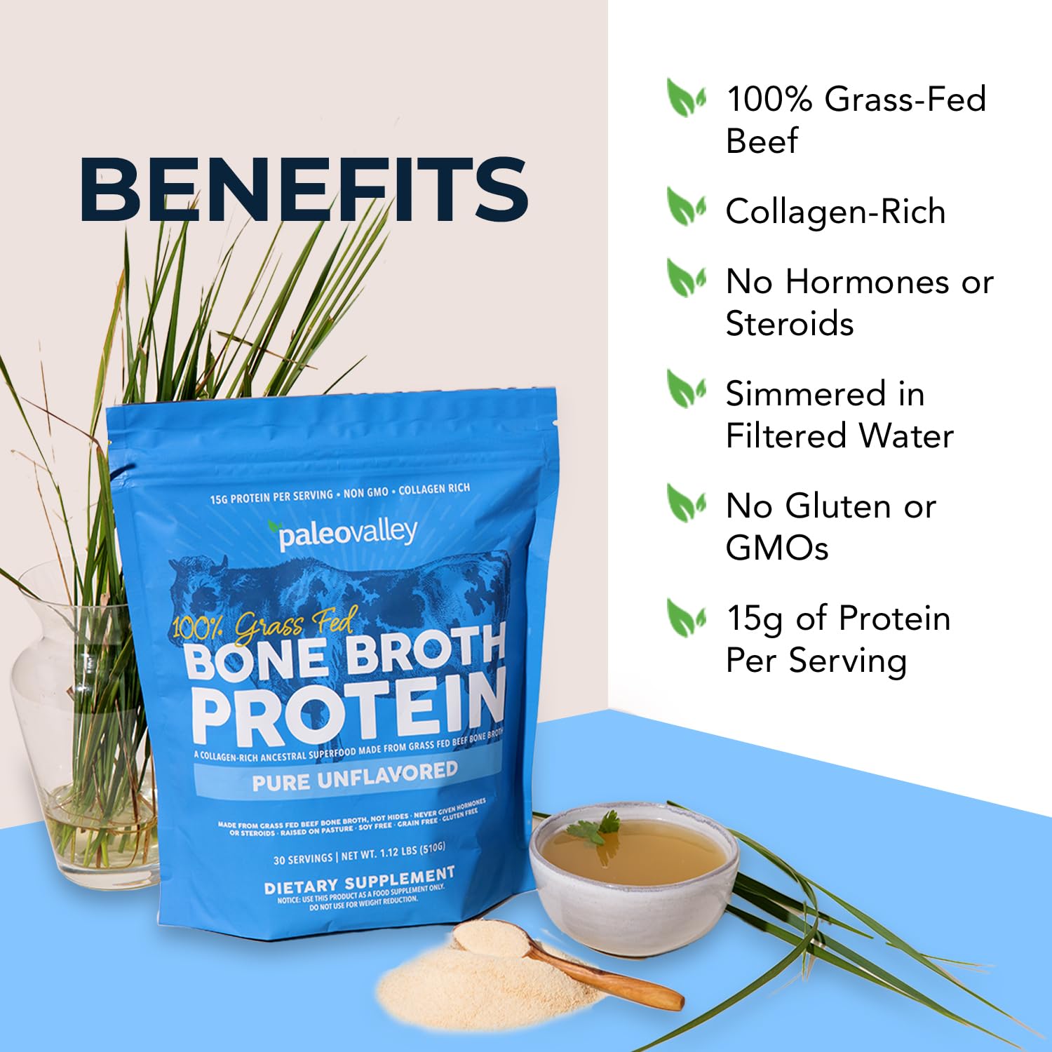 Paleovalley 100% Grass Fed Beef Bone Broth Protein Powder - Rich in Collagen Peptides for Hair, Skin, Gut Health, Bone and Joint Support Paleovalley buy supplements canada