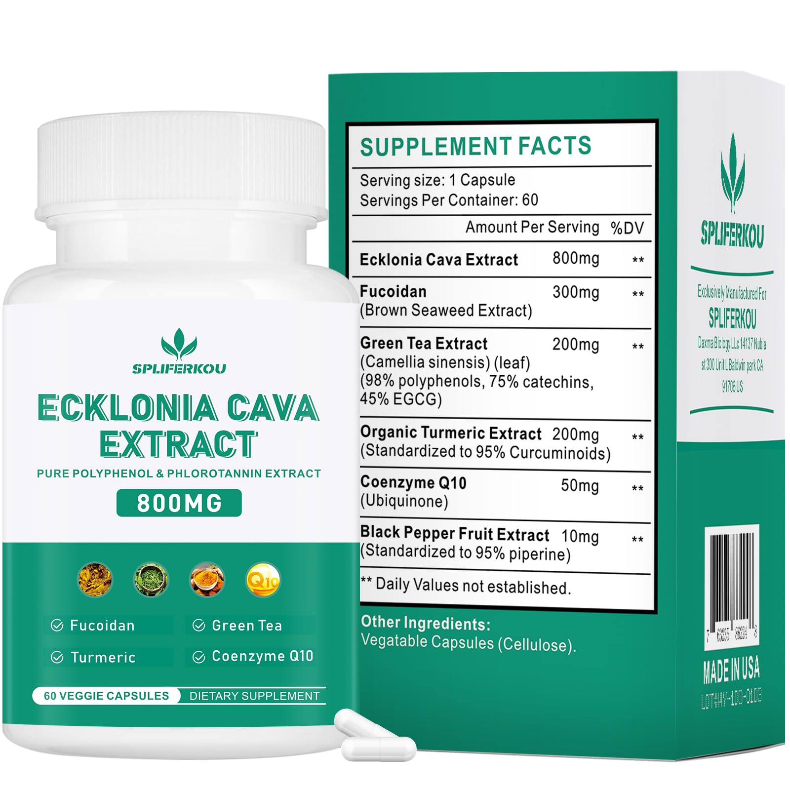 Spliferikou Ecklonia Cava Extract, 800mg, 60 Veggie Capsules with Fucoidan, Green Tea, Turmeric, CoQ10, Dietary Supplement Spliferkou buy supplements canada