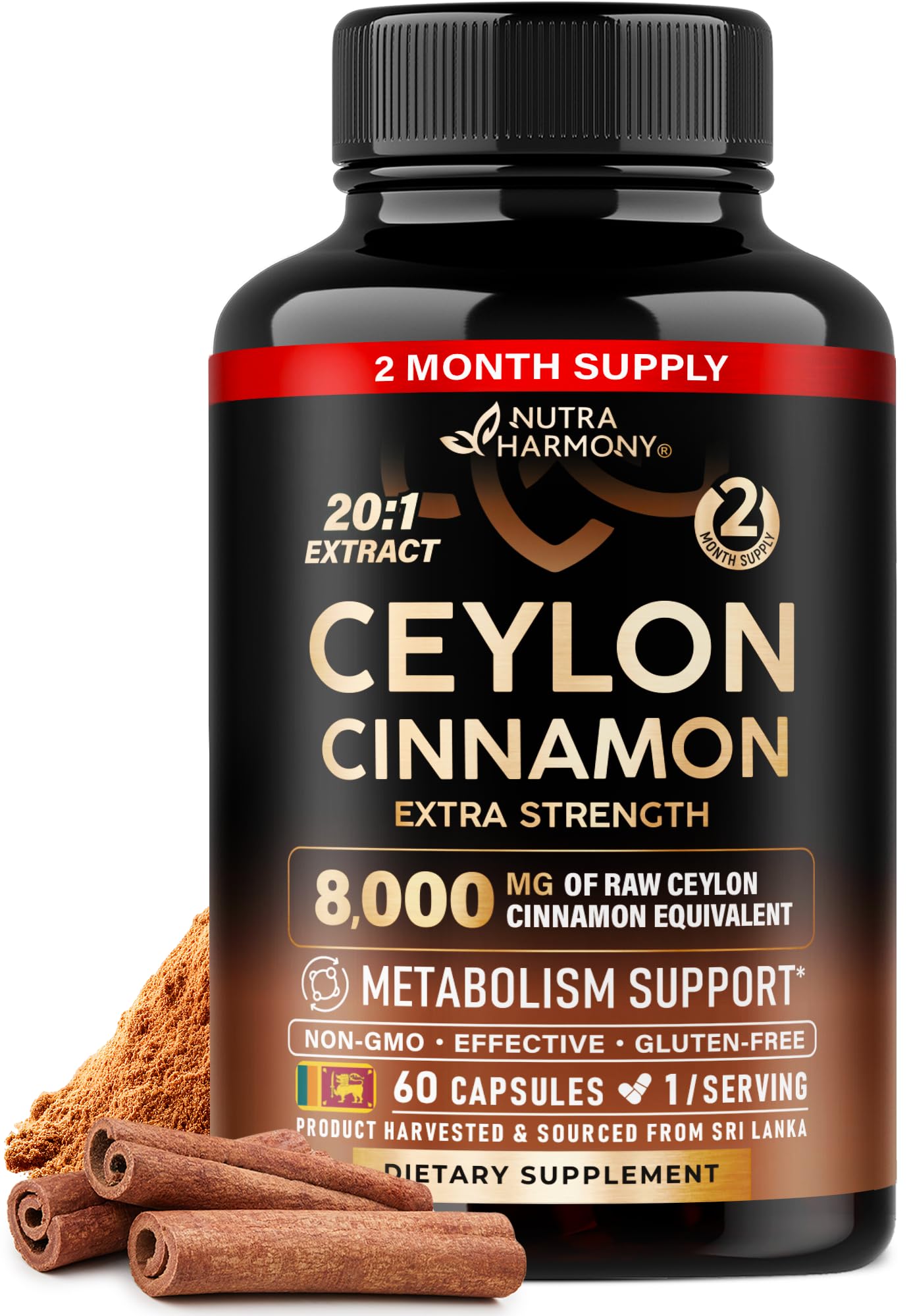 Ceylon Cinnamon Capsules - Extra Strength - Energy Heart & Metabolism Support for Men & Women - Pure Natural Cinnamon 20:1 Extract Supplement NUTRAHARMONY buy supplements canada