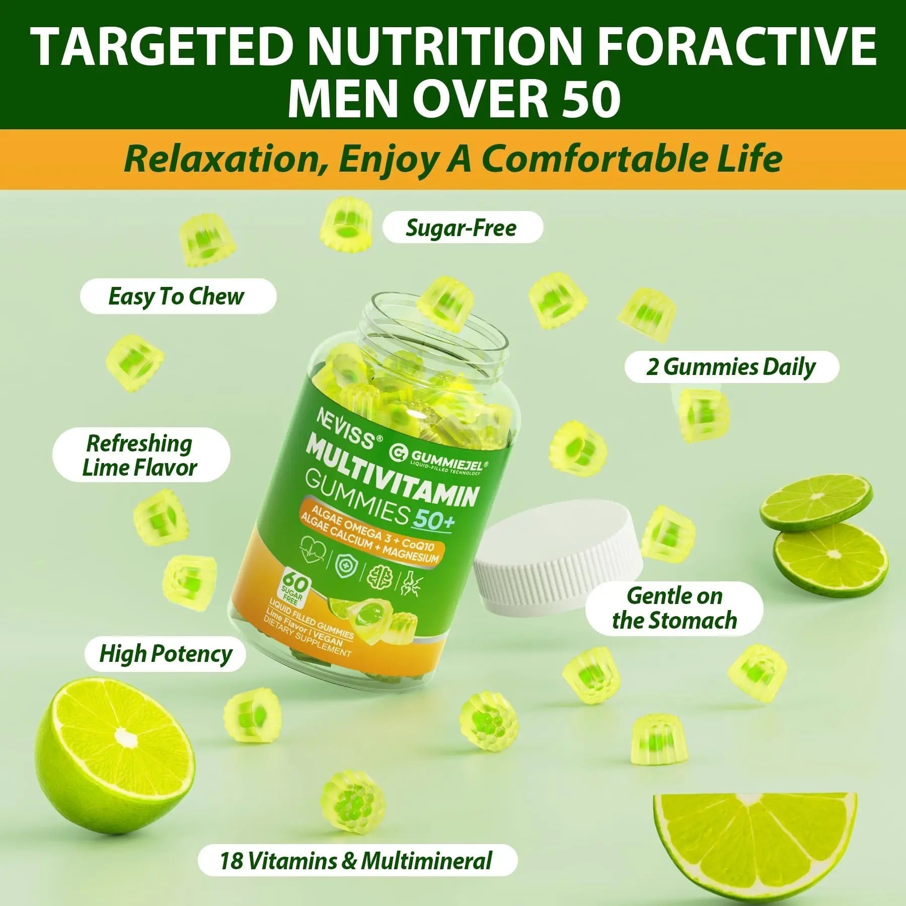 Multivitamin for Men 50 + Plus, Sugar Free Men Multivitamins Gummies w/Omega-3, Coq10, D3k2, Calcium, Magnesium NEVISS buy supplements canada