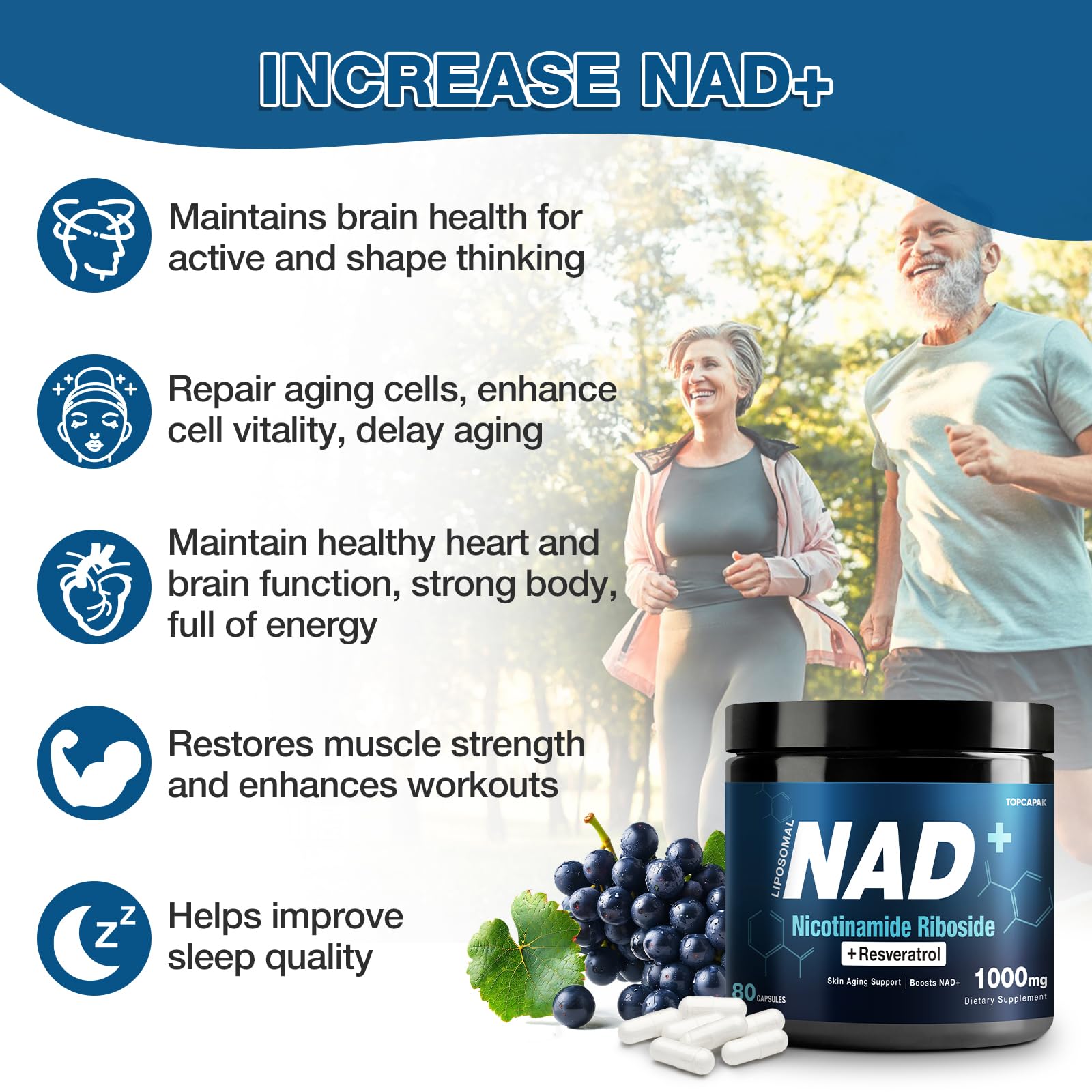 NAD+ Supplement 1000mg - Nicotinamide Riboside (NR) and Resveratrol, Liposomal NAD of Pure Organic Ingredients for Women & Men Healthy Aging, Brain and Cellular Energy, 80 Capsules TOPCAPAK buy supplements canada