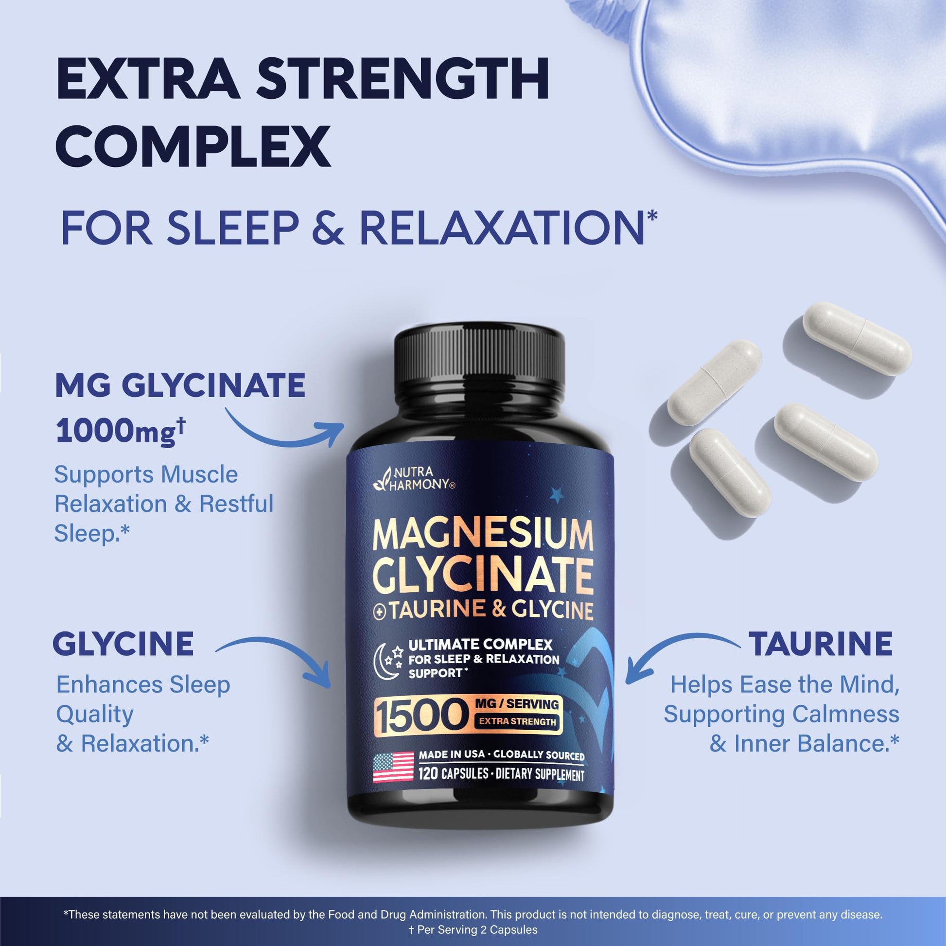 Magnesium Glycinate - Sleep & Relaxation Support - Extra Strength Glycinate, Glycine & Taurine 1500 mg - Magnesium Supplement for Women & Men - Chelated & High Absorption - Made in USA - 120 Capsules NUTRAHARMONY buy supplements canada