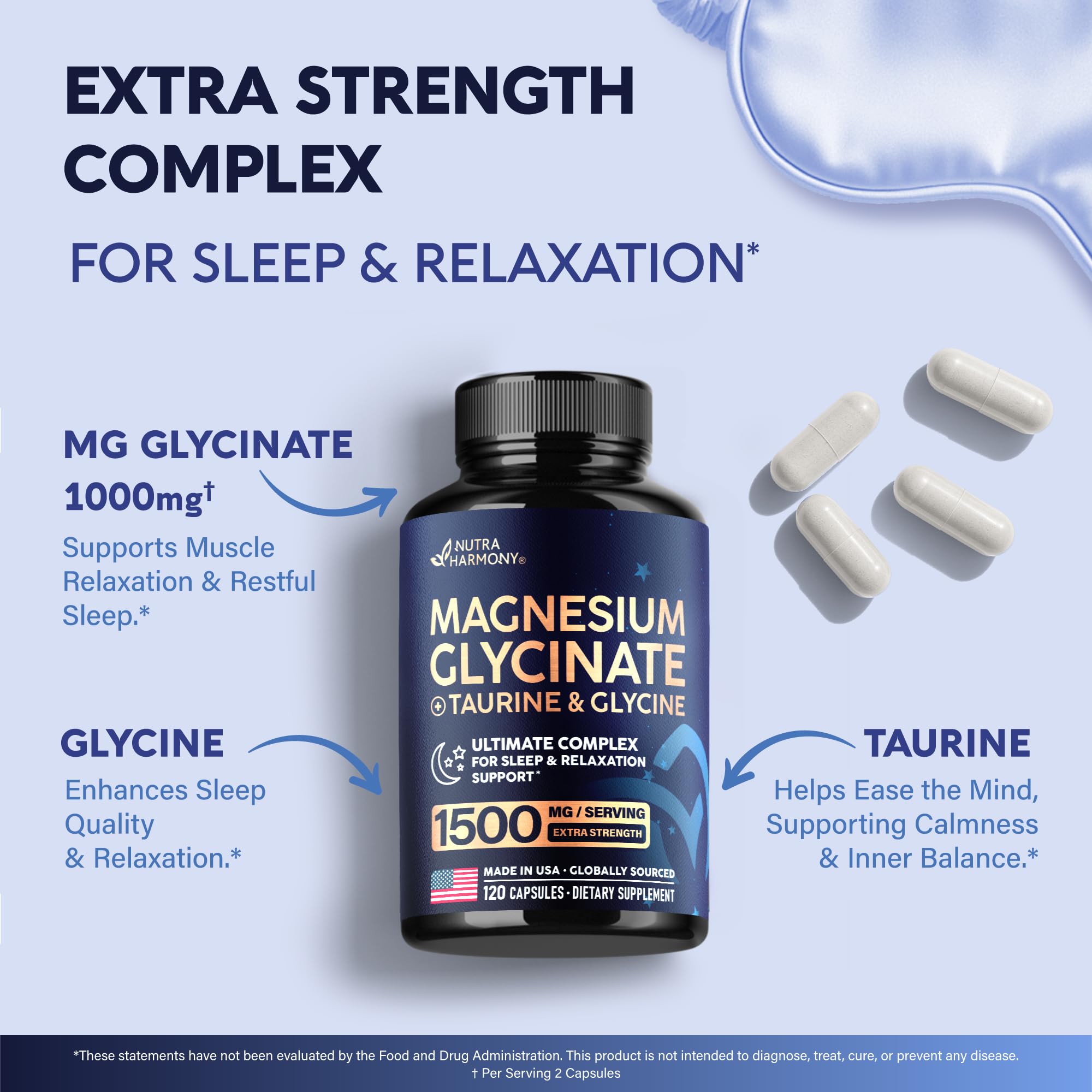 Magnesium Glycinate - Sleep & Relaxation Support - Extra Strength Glycinate, Glycine & Taurine 1500 mg - Magnesium Supplement for Women & Men - Chelated & High Absorption - Made in USA - 120 Capsules NUTRAHARMONY buy supplements canada