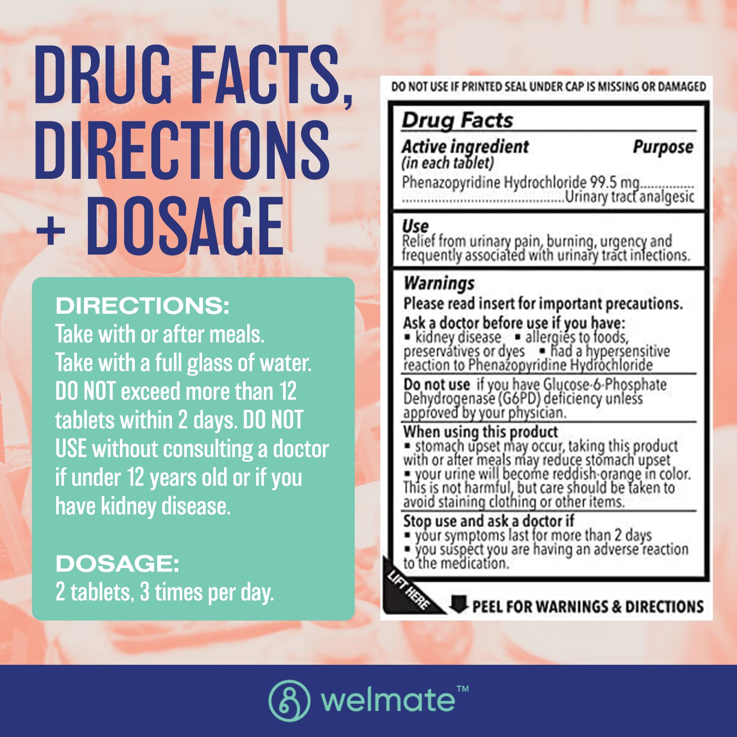 WELMATE Urinary Pain UTI Relief Maximum Strength (Phenazopyridine HCL) - Improve Urinary Tract Health & Bladder Control, Urgency, & Discomfort | Over-The-Counter Medication for Men & Women (72 Pills) WELMATE buy supplements canada