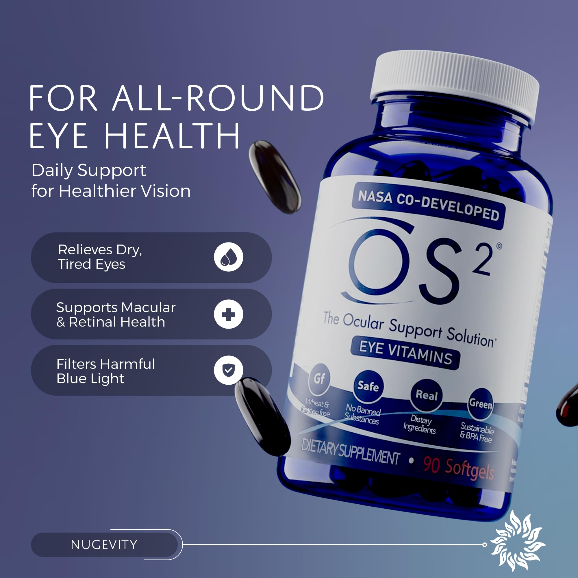 Nugevity OS2 Ocular Support Solution - Patented Eye Vitamins for Macular Health, Dry Eye and Blue Light - Lutein, Zeaxanthin, Omega 3, Astaxanthin and AREDS2 Supplements, Co-Developed by NASA, 90 ct Nugevity buy supplements canada