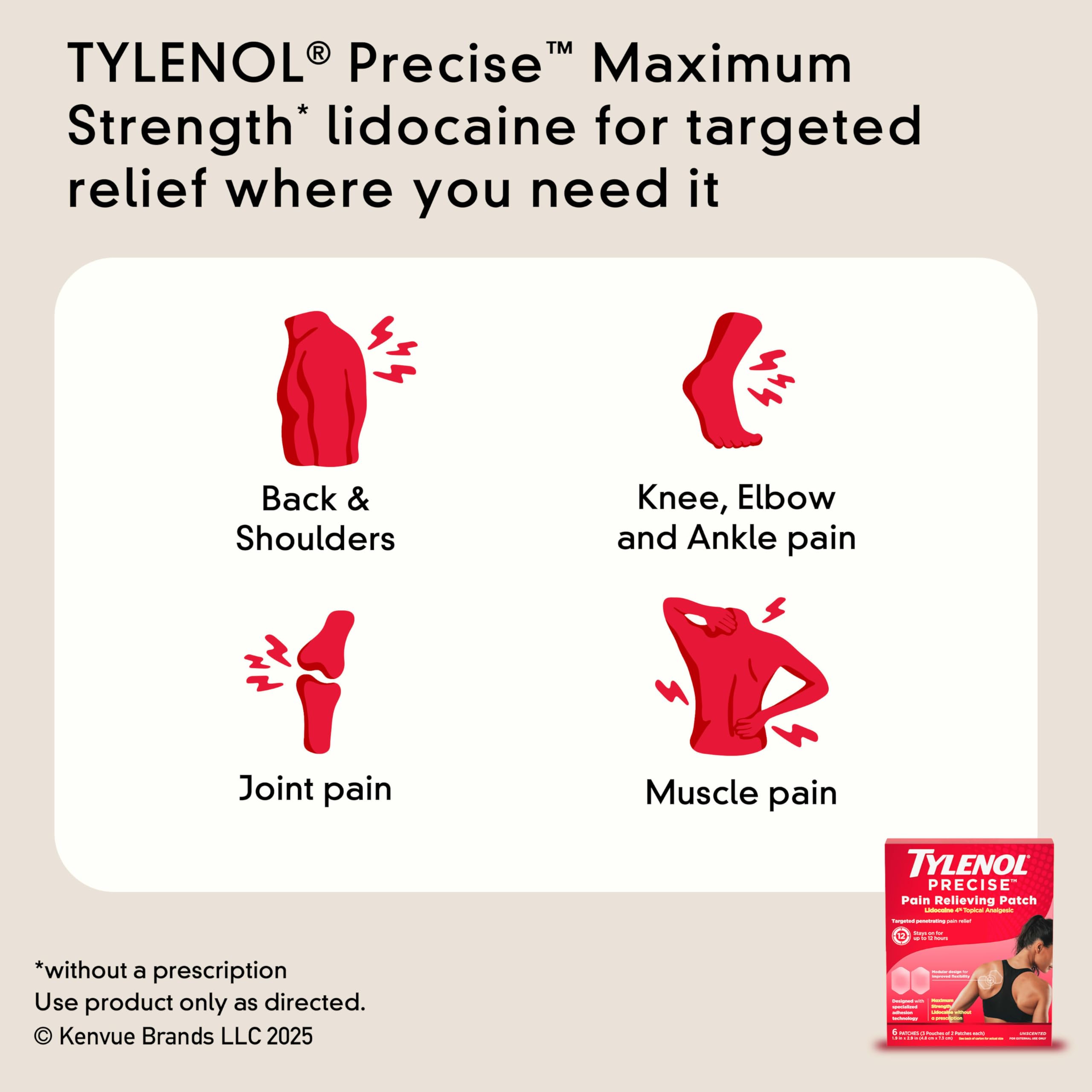 Tylenol Precise Pain Relieving Patches, Topical Analgesic Patches + Maximum OTC Strength Lidocaine Penetrates, Targeted Relief Ideal for Shoulder, Back & Knee Pain, Unscented, 3 x 2 ct Tylenol buy supplements canada