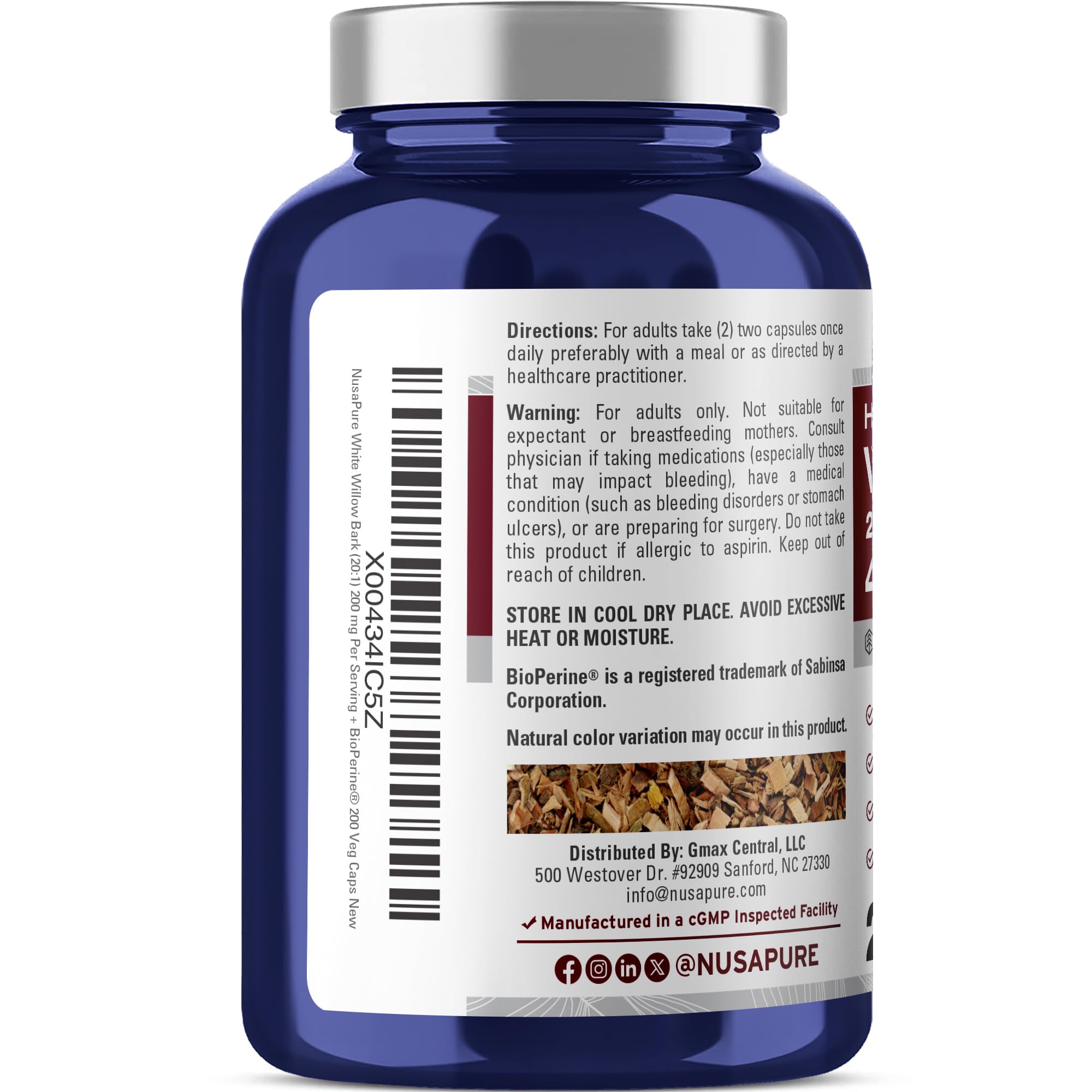 NusaPure White Willow Bark 20:1 Extract, 200 mg Equivalent to 4000mg, 200 Veggie Capsules, Max Strength, (Non-GMO, Vegan) NusaPure buy supplements canada