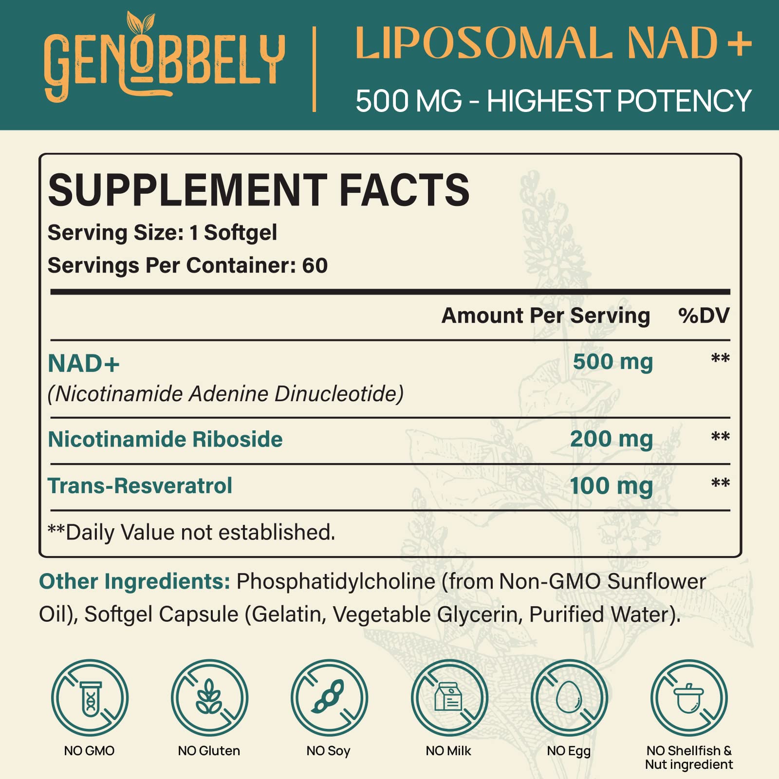 GENOBBELY 800 mg Liposomal NAD+ Supplement with Nicotinamide Riboside 200 mg, Trans-Resveratrol 100 mg - True NAD Supplement for DNA Repair, Healthy Aging, Brain Function - 60-Day Supply GENOBBELY buy supplements canada