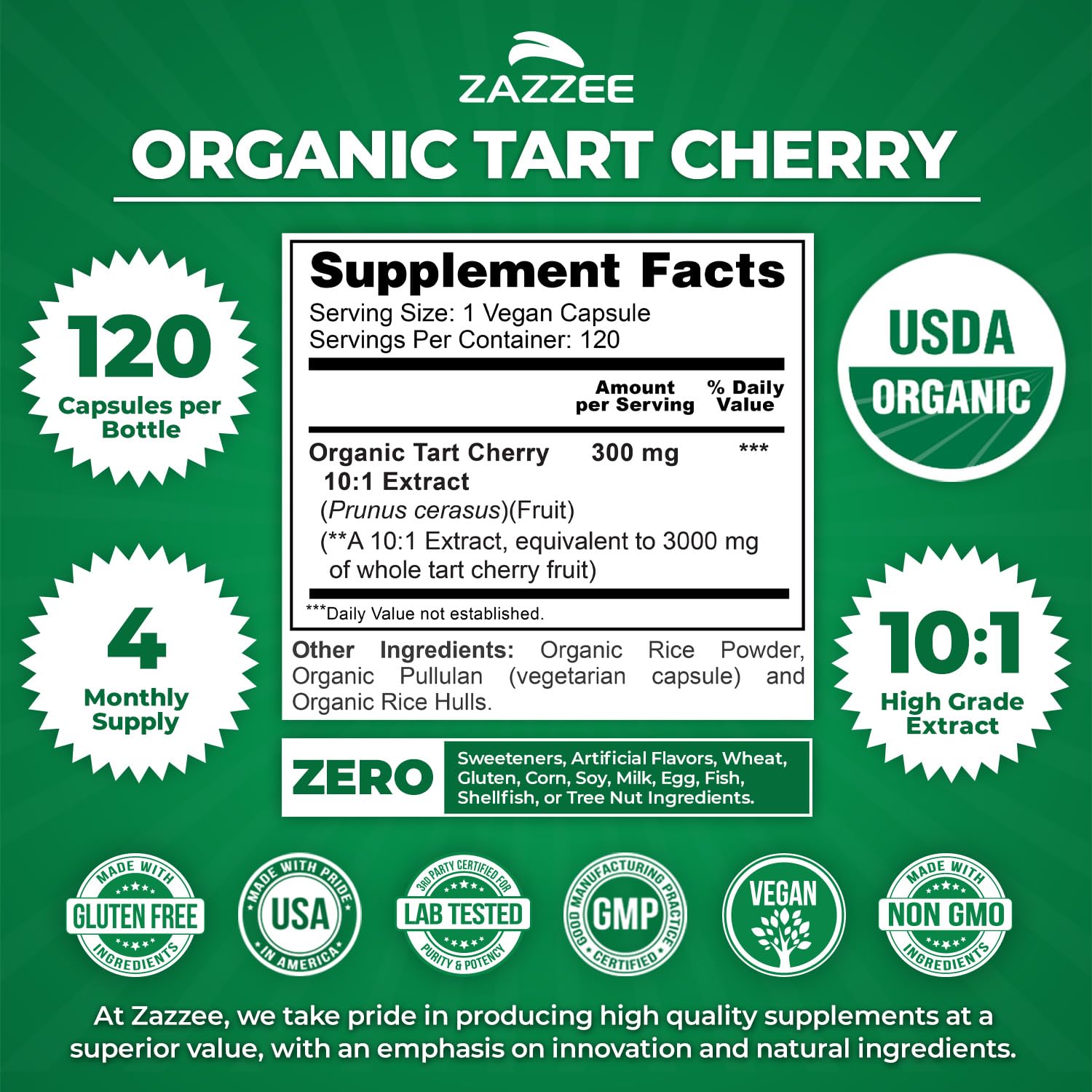 Zazzee USDA Organic Tart Cherry 10:1 Extract, 120 Vegan Capsules, 4 Month Supply, Montmorency Cherry, Daily Wellness Antioxidant Support, Organic Herbal Supplement, All-Natural, Non-GMO, Made in USA Zazzee buy supplements canada
