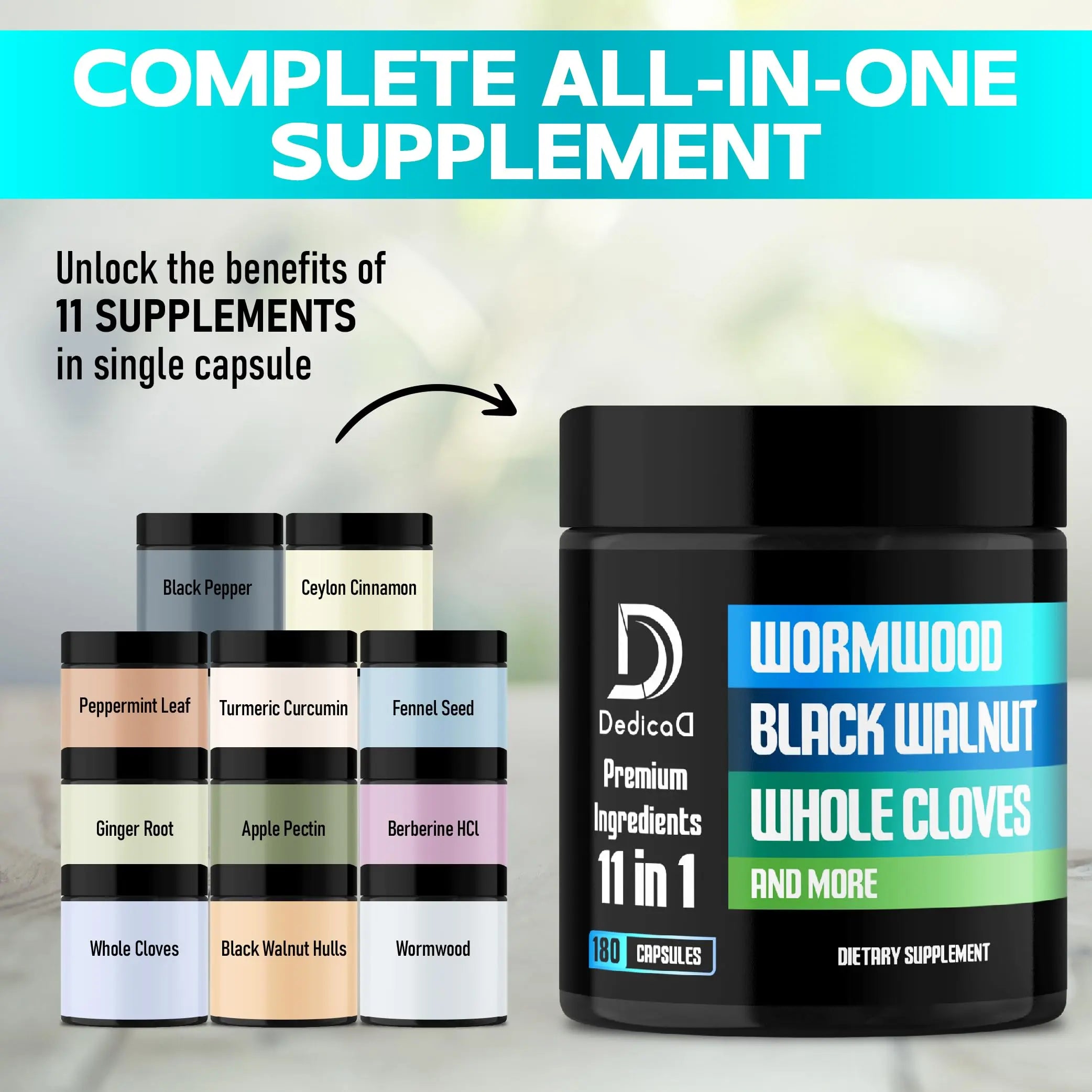 DEDICAD 11in1 Wormwood Capsules - 180 Capsules Extracted from Black Walnut, Cloves, Ginger, Turmeric, Apple, Berberine HCl & More - Support Immune System for 3 Months DEDICAD buy supplements canada