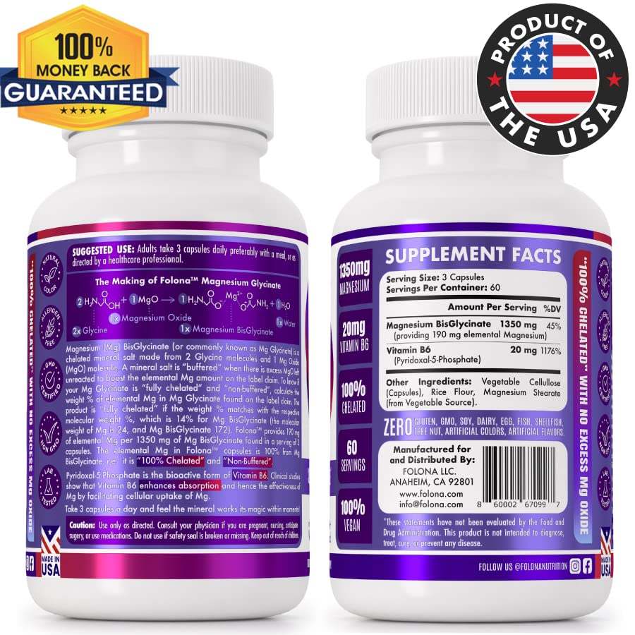 Folona Magnesium Glycinate with Vitamin B6 Research Proven to Enhance Absorption, 1350mg Fully Chelated - Supports Sleep, Stress Relief, Energy, Muscle Cramps - Gluten Free, NonGMO, 180 Vegan Capsules FOLONA buy supplements canada