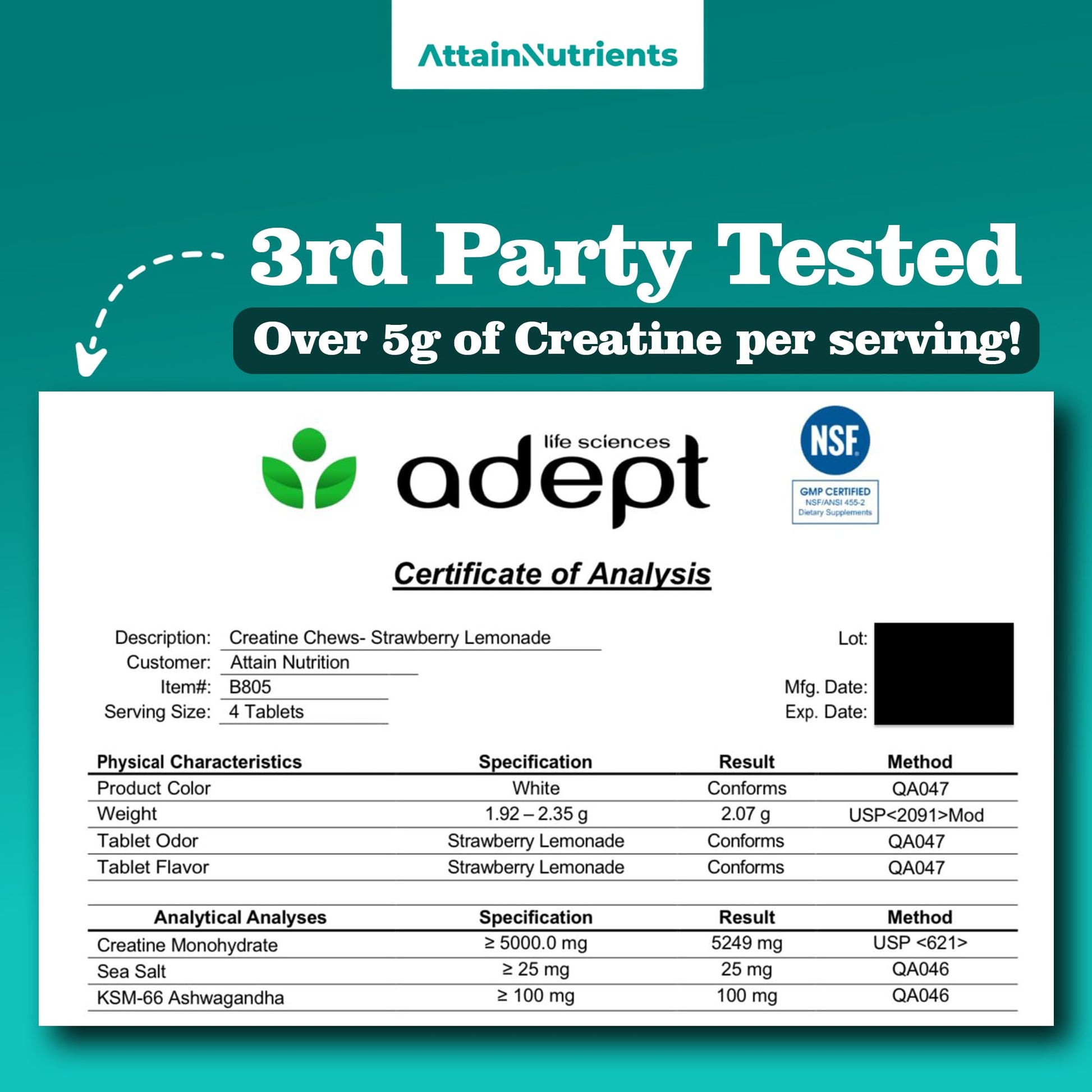 Creatine Chews - 5000mg Creatine Monohydrate Tablets for Men & Women with Ashwagandha KSM-66 - Low Sugar Muscle Support & Cognitive Boost - Gummy Alternative - 120 Count (Strawberry Lemonade) Attain Nutrients buy supplements canada