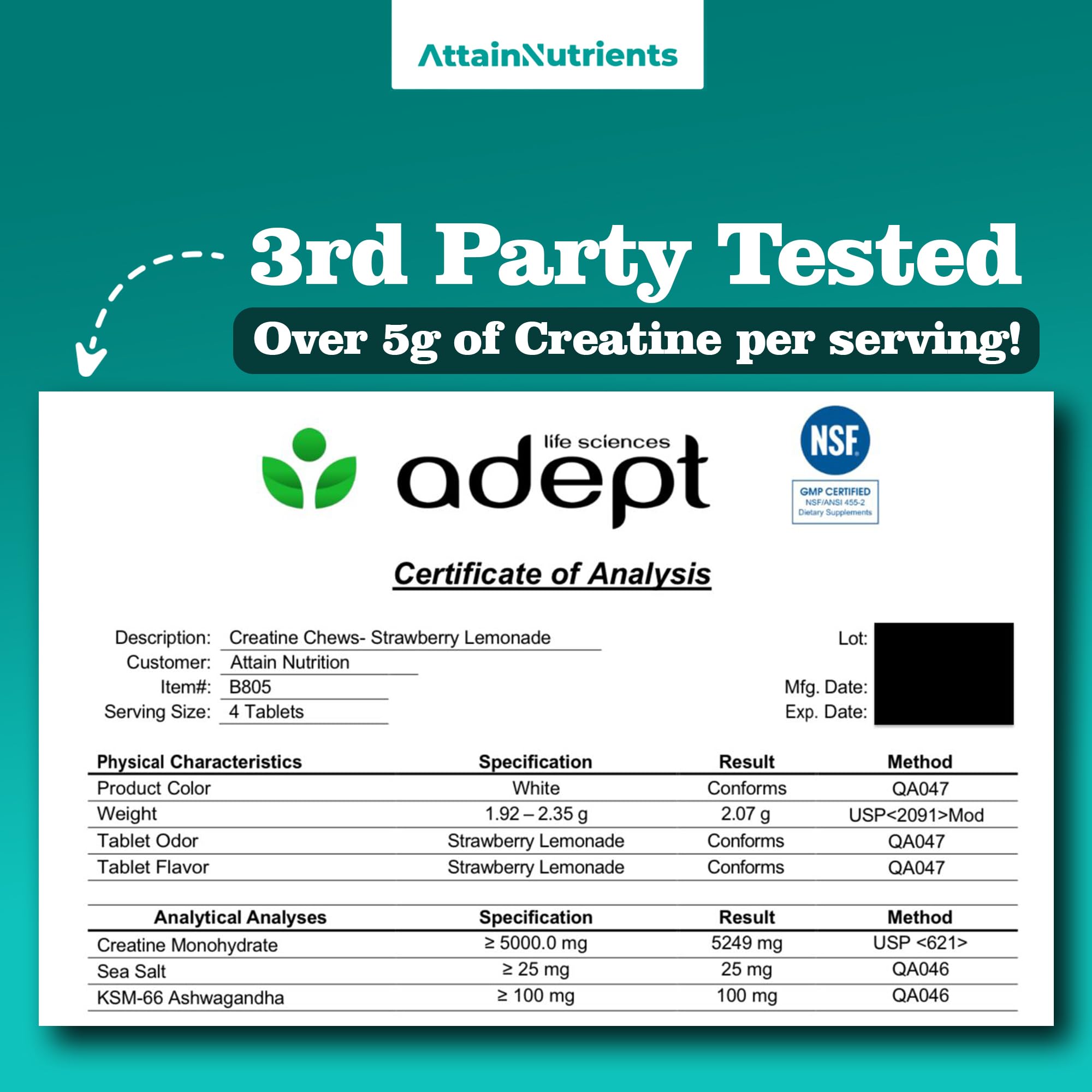 Creatine Chews - 5000mg Creatine Monohydrate Tablets for Men & Women with Ashwagandha KSM-66 - Low Sugar Muscle Support & Cognitive Boost - Gummy Alternative - 120 Count (Strawberry Lemonade) Attain Nutrients buy supplements canada