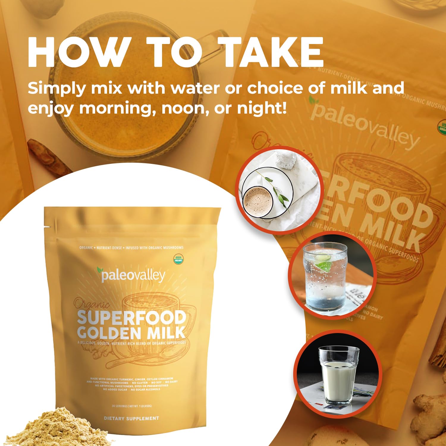 Paleovalley Organic Superfood Golden Milk - Immune, Focus, Cognitive, Longevity - Turmeric, MCT-Rich Coconut Milk, Functional Mushrooms, 30 Servings Paleovalley buy supplements canada
