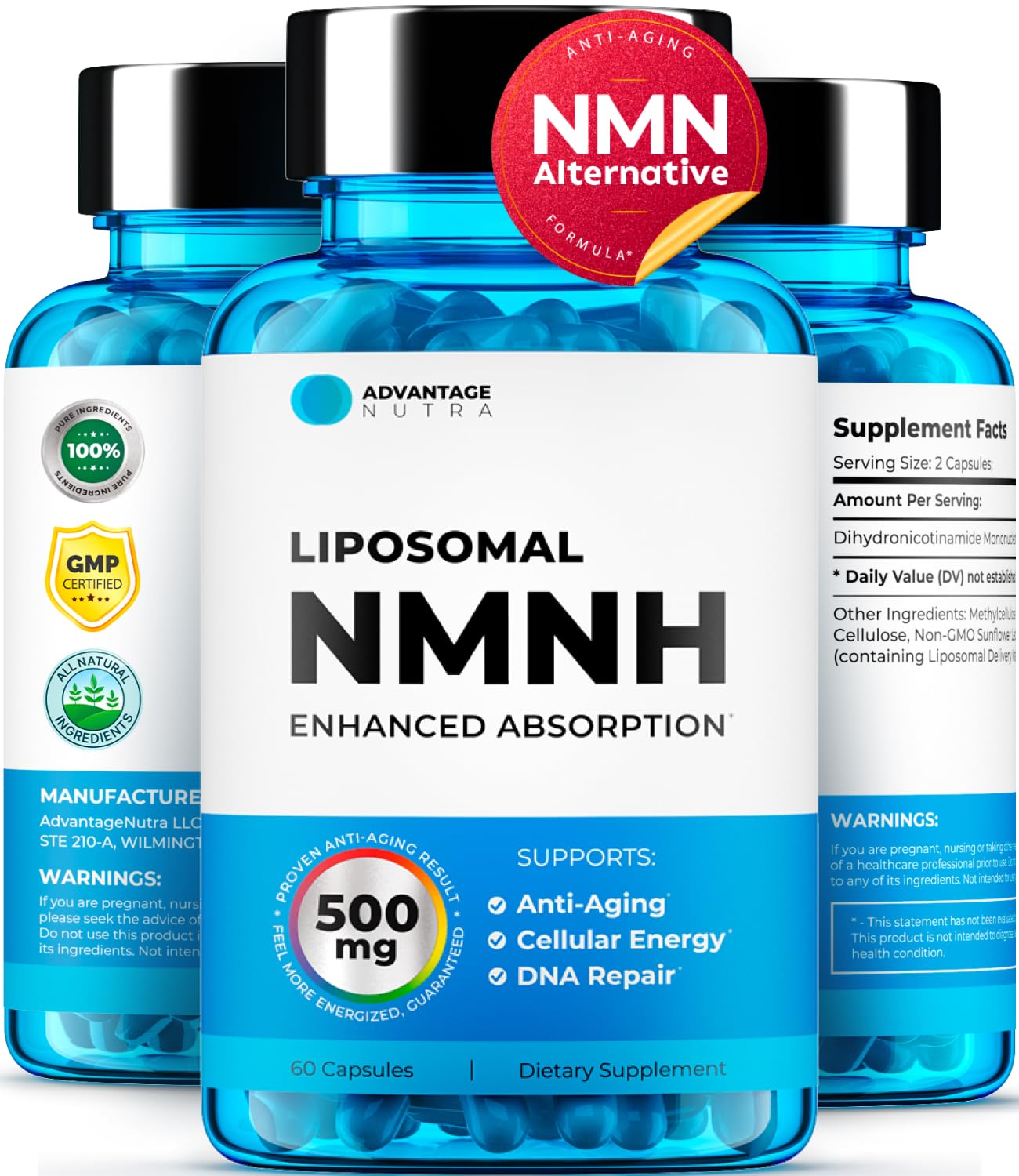 Liposomal NMNH 500 MG - NMN Supplement Alternative - NAD Supplements for Women & Men | Healthy Anti Aging - Cell Support for Energy, Focus & Skin - Advanced NAD+ Resveratrol 3-Party Tested | 1 Pack AdvantageNutra buy supplements canada