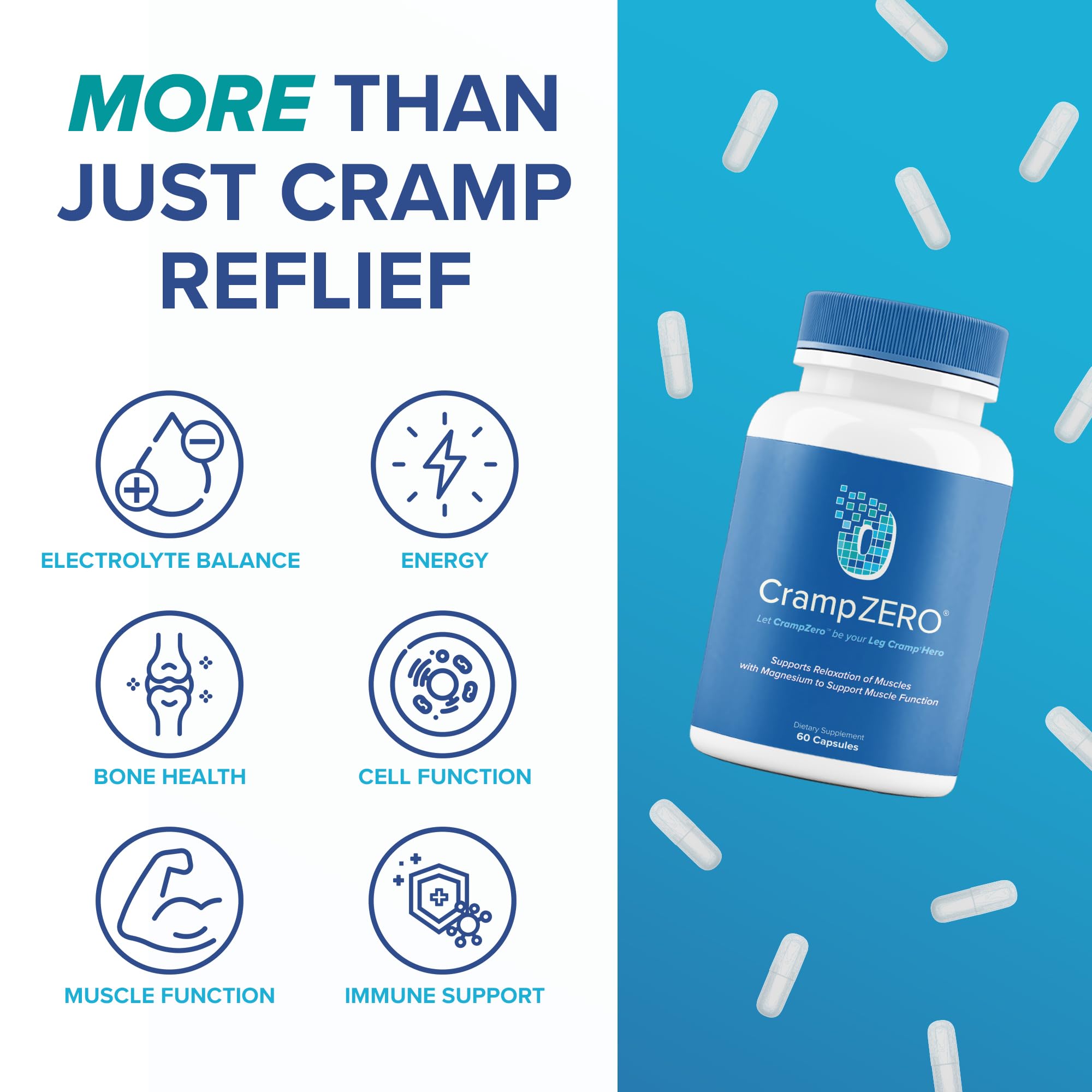CrampZero Magnesium for Leg Cramps at Night – Potassium Magnesium Supplement with Calcium and Vitamin D3, Supports Muscle Relaxation and Function, Night Leg Cramps Relief, 60 Capsules CrampZero buy supplements canada