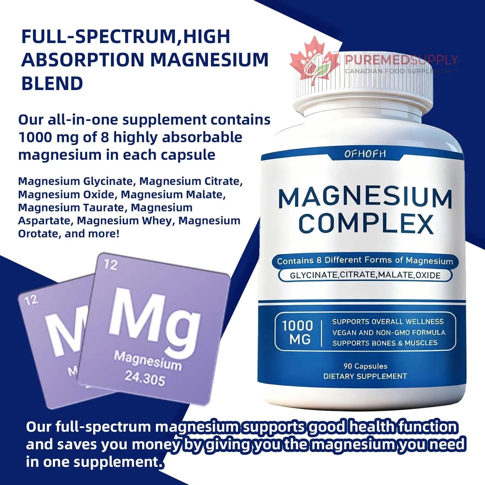 Magnesium Complex Supplement 8 Elemental - Magnesium Glycinate, Citrate, Malate, Oxide | Easy Absorption for Bones, Muscle, Energy, Vegan, Non-GMO 90 Capsules (1pc) OFHOFH buy supplements canada