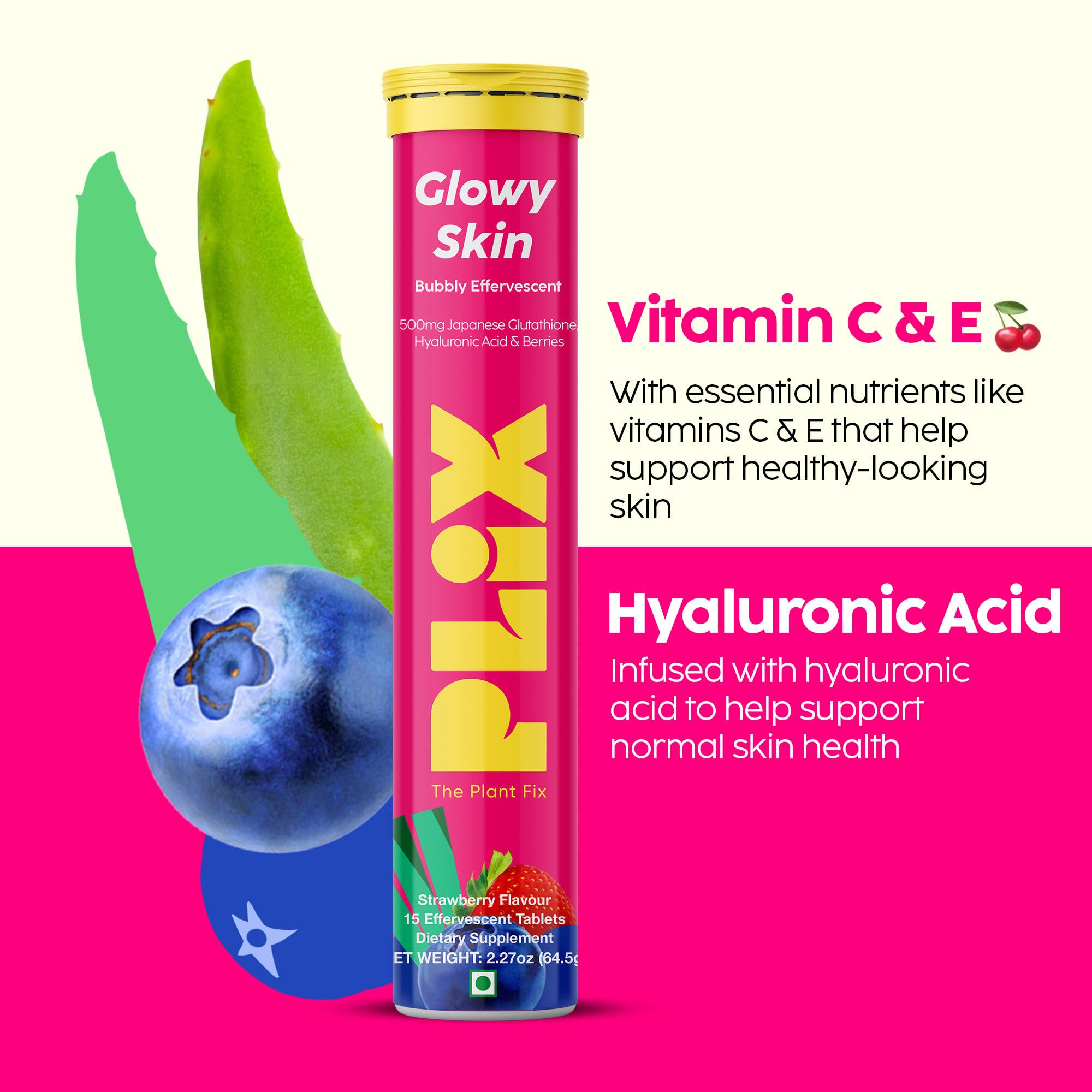 PLIX Glowy Skin 500mg Glutathione Supplement with Hyaluronic Acid, Vitamin C, E & Berries | 30 Effervescent Tablets, Strawberry Flavor PLIX - THE PLANT FIX buy supplements canada